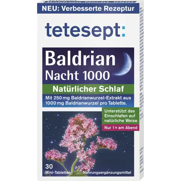 tetesept Baldrian Nacht 1000 Mini-Tabletten: Цвет: https://www.rossmann.de/de/gesundheit-tetesept-baldrian-nacht-1000-mini-tabletten/p/4008491106177
Produktbeschreibung und details Entspanntes Einschlafen und eine ruhige Nacht sind die Grundlage unseres tglichen Wohlbefindens und die Basis um erholt in den Tag zu starten Der normale TagNacht Rhythmus kann bei Unruhe Anspannung oder bei Stress aus dem Gleichgewicht kommen Pflanzlich wirksamer Baldrian untersttzt die natrliche Schlafqualitt in der Nacht und trgt zur Aufrechterhaltung des Schlafs bei Fr eine gute Nacht und einen erholten Start in den Tag tetesept Baldrian Nacht   enthlt  mg BaldrianwurzelExtrakt aus  mg Baldrianwurzel pro Tablette Der traditionelle Nhrstoff Baldrian untersttzt die Ernhrung auf natrliche Weise untersttzt das Einschlafen fr den normalen Schlaf konzentrierte Formel in praktischer MiniTablette untersttzt die Schlafqualitt natrlich wirksam Lebensmittelunternehmer Name Merz Consumer Care GmbH Adresse Eckenheimer Landstrae   Frankfurt wwwteteseptde Rechtlich vorgeschriebene Produktbezeichnung Nahrungsergnzungsmittel mit BaldrianwurzelExtrakt Zutaten Maltodextrinhaltiger BaldrianwurzelExtrakt  Fllstoff Mikrokristalline Cellulose Maisstrke Trennmittel Siliciumdioxid Magnesiumsalze der Speisefettsuren Talkum berzugsmittel Polyvinylalkohol Hydroxypropylcellulose Feuchthaltemittel Glycerin Farbstoffe Eisenoxid gelb Riboflavin Vitamin B  mg   Calciumcarbonat Eisenoxid schwarz Brilliantblau Indigokarmin Anwendung und Gebrauch  x abends vor dem Schlafengehen  Tablette mit ausreichend Flssigkeit unzerkaut verzehren Die empfohlene tgliche Verzehrsmenge darf nicht berschritten werden Fr Erwachsene Gebrauch Aufbewahrung und Verwendung Aufbewahrungs und Verwendungsbedingungen Vor Hitze und direkter Lichteinstrahlung schtzen Fr kleine Kinder unzugnglich aufbewahren Warnhinweise und wichtige Hinweise Warnhinweise Nahrungsergnzungsmittel sind kein Ersatz fr eine abwechslungsreiche und ausgewogene Ernhrung die zusammen mit einer gesunden Lebensweise von Bedeutung ist Die empfohlene tgliche Verzehrsmenge darf nicht berschritten werden Fr kleine Kinder unzugnglich aufbewahren