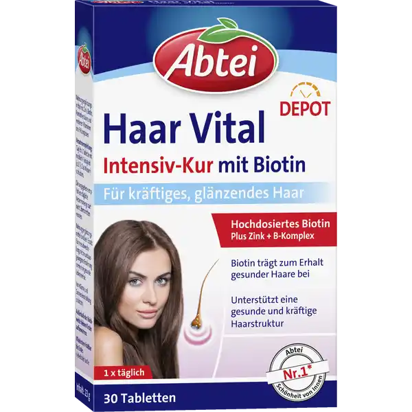 Abtei Haar Vital: Цвет: https://www.rossmann.de/de/gesundheit-abtei-haar-vital/p/4250752204546
Produktbeschreibung und details Unsere Haare sind stndig Umwelteinflssen ausgesetzt So knnen sie durch das tgliche Styling oder vermehrte Sonneneinstrahlung sowie Salz und Chlorwasser strapaziert werden Abtei Haar Vital ist ein Nahrungsergnzungsmittel fr Haare das speziell zum Erhalt gesunder Haare beitrgt Das Besondere Dank des DepotEffekts werden die Nhrstoffe fr Haare ber mehrere Stunden hinweg an den Krper abgegeben und untersttzen so die Gesunderhaltung von Haaren und Kopfhaut Durch die Abtei Haar Vital IntensivKur mit hochdosiertem Biotin wird so eine kontinuierliche Versorgung mit den enthaltenen Vitaminen und Mineralsoffen sichergestellt glutenfrei laktosefrei gelatinefrei vegan Lebensmittelunternehmer Name ABTEI OP Pharma GmbH Adresse Abtei  D   Marienmnster wwwabteide Rechtlich vorgeschriebene Produktbezeichnung Nahrungsergnzungsmittel mit Zink Biotin Pantothensure und weiteren Vitaminen des BKomplexes Zutaten Fllstoffe Dicalciumphosphat Hydroxypropylmethylcellulose Cellulose Maltodextrin Trennmittel Siliciumdioxid Speisefettsuren Magnesiumsalze der Speisefettsuren berzugsmittel Hydroxypropylmethylcellulose Isomalt Nicotinamid Zinkcitrat Farbstoff Calciumcarbonat CalciumDpantothenat Vitamin B Vitamin B Vitamin B pflanzliche le Kokos Palmkern Folsure Biotin Vitamin B Nhrwerte Durchschnittliche Nhrwertangaben pro  Portion pro Tablette Tagesdosis Referenzwert Referenzmenge nach EULebensmittelinformationsverordnung NRV Zink  mg   Vitamin B Thiamin  mg   Vitamin B Riboflavin  mg   Niacin  mg   Vitamin B  mg   Folsure  g   Vitamin B  g   Biotin  g   Pantothensure  mg   Anwendung und Gebrauch Verzehrsempfehlung Tglich  Tablette mit reichlich Flssigkeit zB  Glas Wasser schlucken Gebrauch Aufbewahrung und Verwendung Aufbewahrungs und Verwendungsbedingungen Vor Wrme und Sonneneinstrahlung schtzen Auerhalb der Reichweite kleiner Kinder aufbewahren Warnhinweise und wichtige Hinweise Warnhinweise Nahrungsergnzungsmittel sind kein Ersatz fr eine abwechslungsreiche und ausgewogene Ernhrung sowie eine gesunde LebensweiseDie angegebene empfohlene tgliche Verzehrsmenge darf nicht berschritten werden