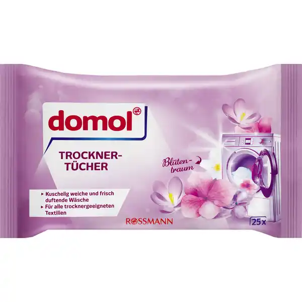 domol Bltentraum Trocknertcher: Цвет: https://www.rossmann.de/de/haushalt-domol-bluetentraum-trocknertuecher/p/4305615396156
Produktbeschreibung und details Freuen Sie sich auf einen frischen Duft fr Ihre Wsche zum Wohlfhlen Die domol Trocknertcher Bltentraum verleihen Ihrer Wsche einen angenehmen Bltenduft Dank einer speziellen Lotion wirken sie gegen Faltenbildung erleichtern das Bgeln und reduzieren die elektrostatische Aufladung der Textilien kuschelig weiche und frisch duftende Wsche fr alle trocknergeeigneten Textilien Kontaktdaten Dirk Rossmann GmbH Isernhgener Strae   Burgwedel wwwrossmannde   UrsprungslandHerkunftsort hergestellt in Deutschland Anwendung und Gebrauch Mithilfe der Etikettenlasche die Verpackung ffnen und ein gebrauchsfertiges Tuch herausziehen Danach die Verpackung sorgfltig verschlieen Tuch zusammen mit der Wsche in den Trockner geben Bei greren Lademengen verwenden Sie ein zustzliches Tuch Gebrauchtes Tuch nach dem Trocknergang ber den Hausmll entsorgen Inhaltsstoffe  katonische Tenside Weitere Inhaltsstoffe Duftstoffe Konservierungsmittel DMDM Hydantoin Warnhinweise und wichtige Hinweise Warnhinweise Enthlt Octahydrotetramethylnaphtylethaneone und Oxacyclohexadecanone Kann allergische Reaktionen hervorrufen Darf nicht in die Hnde von Kindern gelangen Kontakt mit Augen und verletzten Hautstellen vermeiden Falls das Produkt in die Augen gelangt diese grndlich mit Wasser aussplen Nicht zur Krperpflege geeignet Das Produkt sollte nur bestimmungsgem verwendet werden Gebrauchte Tcher nicht in die Toilette werfen sondern ber den Hausmll entsorgen Detergenzienblatt Detergenzienblatt Laden Sie das Dokument zum Produkt als PDF herunter