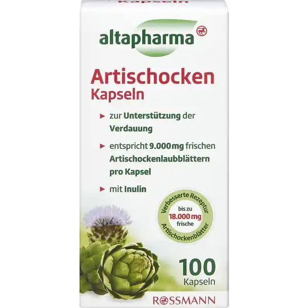 altapharma Artischocken Kapseln: Цвет: https://www.rossmann.de/de/gesundheit-altapharma-artischocken-kapseln/p/4305615950280
Produktbeschreibung und details Unsere moderne Lebensweise die oft durch nachhaltiges und fettes Essen sowie wenig Bewegung gekennzeichnet ist belastet die Verdauung und fhrt so hufig zu Unwohlsein und Vllegefhl Die ursprnglich aus der Mittelmeerregion stammende Artischocke enthlt fr die Verdauung wertvolle Bitterstoffe die die Produktion der Gallensure anregen Deshalb wird Artischocke zur Frderung der Verdauung auch gerne in Magenbittern verwendet Die altapharma Artischocken Kapseln enthalten  mg Artischockenlaubbltter in konzentrierter Form in nur einer Kapsel Sie untersttzen die Fettverdauung auf natrliche Weise und sind wichtig fr die Funktion von Galle und Leber Abgerundet wird das Konzept mit dem natrlichen Ballaststoff Inulin der auch in der Artischocke vorkommt glutenfrei laktosefrei vegan Lebensmittelunternehmer Name Dirk Rossmann GmbH Adresse Isernhgener Str   Burgwedel wwwrossmannde UrsprungslandHerkunftsort Italien Artischockenextrakt aus EU Testurteile Qualittssiegel ampamp Verbandszeichen Rechtlich vorgeschriebene Produktbezeichnung Nahrungsergnzungsmittel mit ArtischockenlaubbltterTrockenextrakt Zutaten ArtischockenlaubbltterTrockenextrakt      Auszugsmittel Wasser Hydroxypropylmethylcellulose Inulin Trennmittel Magnesiumsalze der Speisefettsuren Anwendung und Gebrauch  Kapseln tglich vor einer Mahlzeit mit ausreichend Flssigkeit einnehmen Die empfohlene tgliche Verzehrmenge darf nicht berschritten werden Gebrauch Aufbewahrung und Verwendung Aufbewahrungs und Verwendungsbedingungen Unter  C trocken und vor Licht geschtzt aufbewahren Warnhinweise und wichtige Hinweise Warnhinweise Nahrungsergnzungsmittel sollten nicht als Ersatz fr eine abwechslungsreiche und ausgewogene Ernhrung sowie eine gesunde Lebensweise dienen Die empfohlene tgliche Verzehrmenge darf nicht berschritten werden Auerhalb der Reichweite von kleinen Kindern aufbewahren