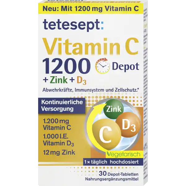 tetesept Vitamin C 1200 Depot Tabletten: Цвет: https://www.rossmann.de/de/gesundheit-tetesept-vitamin-c-1200-depot-tabletten/p/4008491105187
Produktbeschreibung und details Vitamin C ist ein essentieller Nhrstoff der fr die krperliche Gesundheit wichtig ist Insbesondere bei hoher krperlicher Belastung oder Stress ist eine ausreichende Versorgung mit Nhrstoffen notwendig tetesept Vitamin C ZinkD Depot enthlt hochdosiertes Vitamin C Zink und Vitamin D Diese Nhrstoffe leisten einen Beitrag zu einer normalen Funktion des Immunsystems dank Vitamin C zu einer normalen Kollagenbildung fr eine normale Funktion der Knochen der Zhne und der Haut dank Vitamin C zum Schutz der Zellen vor oxidativem Stress dank Vitamin C und Zink zur Erhaltung normaler Knochen dank Vitamin D und Zink Lebensmittelunternehmer Name Merz Consumer Care GmbH Adresse Eckenheimer Landstrae   Frankfurt wwwteteseptde Rechtlich vorgeschriebene Produktbezeichnung Nahrungsergnzungsmittel mit Vitamin C Zink und Vitamin D Zutaten LAscorbinsure Vitamin C Fllstoff Hydroxypropylmethylcellulose Zinkoxid Fllstoff Mikrokristalline Cellulose berzugsmittel Hydroxypropylcellulose Trennmittel Magnesiumsalz der Speisefettsure Farbstoff Calciumcarbonat Maltodextrin Strke Trennmittel Talkum Speisefettsure l pflanzlich Kokosnuss Saccharose Farbstoff Eisenoxid gelb Cholecalciferol Vitamin D  Tablette entspricht amplt  BE Nhrwerte Durchschnittliche Nhrwertangaben pro  Portion Tagesdosis Tagesdosis Referenzwert Anteil der Referenzwerte fr die tgliche Zufuhr gem Europischer Lebensmittelinformationsverordnung LMIV NRV  Nutrient Reference Value NRV Zink  mg   Vitamin D  g   Vitamin C  mg   Anwendung und Gebrauch x tglich  Tablette unzerkaut mit ausreichend Flssigkeit verzehren Als Wochenkur anwendbar Die empfohlene tgliche Verzehrsmenge darf nicht berschritten werden Fr Erwachsene Fr Kinder und Jugendliche nicht geeignet Bei Nierensteinen aus Oxalat bestimmten Erkrankungen bei denen zu viel Eisen im Krper gespeichert wird sowie bei GlucosePhosphatDehydrogeneaseMangel sollte das Produkt erst nach Rcksprache mit dem Arzt eingenommen werden Zustzlich keine weiteren VitaminD und VitaminC haltigen Prparate verzehren Gebrauch Aufbewahrung und Verwendung Aufbewahrungs und Verwendungsbedingungen Vor Hitze und direkter Lichteinstrahlung schtzen Fr kleine Kinder unzugnglich aufbewahren Warnhinweise und wichtige Hinweise Warnhinweise Nahrungsergnzungsmittel sind kein Ersatz fr eine abwechslungsreiche und ausgewogene Ernhrung die zusammen mit einer gesunden Lebensweise von Bedeutung ist Die empfohlene tgliche Verzehrsmenge darf nicht berschritten werden Fr kleine Kinder unzugnglich aufbewahren