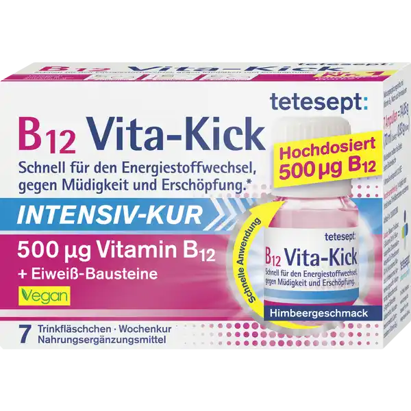 tetesept B12 Vita-Kick Intensiv-Kur: Цвет: https://www.rossmann.de/de/gesundheit-tetesept-b12-vita-kick-intensiv-kur/p/4008491103114
Produktbeschreibung und details tetesept B VitaKick Intensiv Kur enthlt EiweiBausteine und hochdosiertes Vitamin B Vitamin B trgt bei zur Verringerung von Mdigkeit und Erschpfung zu einer normalen Funktion des Immunsystems zu einem normalen Energiestoffwechsel zu einer normalen Funktion des Nervensystemstetesept B VitaKick Intensiv Kur  fr die Aufnahme einer hochdosierten Menge an Nhrstoffen ber einen kurzen Zeitraum Lebensmittelunternehmer Name Merz Consumer Care GmbH Adresse Eckenheimer Landstrae   Frankfurt am Main wwwteteseptde Rechtlich vorgeschriebene Produktbezeichnung Nahrungsergnzungsmittel mit Vitamin B Niacin und Aminosuren Zutaten Wasser Fruktose LGlutamin  Suerungsmittel ZitronensureAnhydrat DLPhosphoserin  Nicotinamid Niacin Himbeeraroma Konservierungsstoffe Kaliumsorbat Natriumbenzoat LArginin Frbendes Lebensmittel Holunderbeerkonzentrat Cyanocobalamin Vitamin B Nhrwerte Durchschnittliche Nhrwertangaben pro  Portion Tagesdosis   Ampulle Tagesdosis Referenzwert Anteil der Referenzwerte fr die tgliche Zufuhr gem Europischer Lebensmittelinformationsverordnung LMIV NRV  Nutrient Reference Value NRV Niacin  mg   Vitamin B  g   Anwendung und Gebrauch x tglich den Inhalt eines Trinkflschchens verzehren Gebrauch Aufbewahrung und Verwendung Aufbewahrungs und Verwendungsbedingungen Vor Hitze und direkter Lichteinstrahlung schtzen Warnhinweise und wichtige Hinweise Warnhinweise Die empfohlene tgliche Verzehrsmenge darf nicht berschritten werdenNahrungsergnzungsmittel sind kein Ersatz fr eine abwechslungsreiche und ausgewogene Ernhrung die zusammen mit einer gesunden Lebensweise von Bedeutung ist Durch eine vereinzelt auftretende leichte Gelbfrbung der Lsung wird die Produktqualitt nicht beeinflusst Fr kleine Kinder unzugnglich aufbewahren Fr Erwachsene Keine weiteren VitaminBhaltigen Prparate verzehren