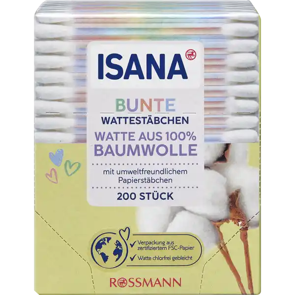 ISANA Bunte Wattestbchen: Цвет: https://www.rossmann.de/de/pflege-und-duft-isana-bunte-wattestaebchen/p/4305615985756
Produktbeschreibung und details Der kleine Alltagshelfer  die ISANA WATTESTBCHEN aus  Baumwolle und mit bunt bedruckten Papierstbchen sind ideal fr die sanfte und hygienische Krperpflege mit um weltfreundlichem Papierstbchen Verpackung aus zertifiziertem FSCPapier Watte chlorfrei gebleicht Watte aus  Baumwolle Kontaktdaten Dirk Rossmann GmbH Isernhgener Strae   Burgwedel wwwrossmannde Testurteile Qualittssiegel ampamp Verbandszeichen Warnhinweise und wichtige Hinweise Warnhinweise Bitte fhre die Stbchen nicht in den Gehrgang oder die Nase ein Nicht in die Toilette werfen