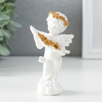 Сувенир полистоун "Белоснежный ангел с золотыми розами в листе" 6х4х11 см: 