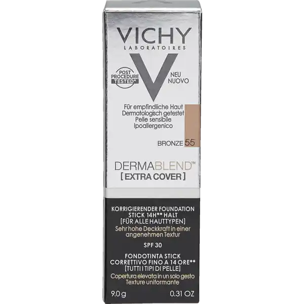 VICHY DERMABLEND [EXTRA COVER] korrigierender Foundation Stick 55 bronze: Цвет: Produktbeschreibung und details Der DERMABLEND Extra Cover Stick h von Vichy ist ein hochpigmentierter Foundation Stick der Unebenmigkeiten sofort kaschiert Der Makeup Stick deckt Rtungen ab und schtzt die Haut dank LSF  vor UVStrahlung fr alle Hauttypen starke Deckkraft mattiert die Haut sofort und langanhaltend kaschiert dank hoher Deckkraft farbliche Unebenmigkeiten deckt Rtungen bis zu h lang ab sanfte Textur verschmilzt sofort mit der Haut unter dermatologischer und ophtalmologischer Aufsicht getestet getestet nach verschiedenen Hautbehandlungen nichtkomedogen auch fr empfindliche Haut geeignet LSF  Anwendung und Gebrauch  Schritt Die Haut mit einer Gesichtsreinigung reinigen und anschlieend die gewohnte Feuchtigkeitspflege vor Verwendung des Sticks auf die Haut auftragen Der Stick kann alleine oder als Ergnzung zu einer Foundation verwendet werden  Schritt Der Stick kann mit einem sauberen Finger oder mit einem Pinsel sanft auf die zu korrigierende Hautpartie aufgetragen werden Die Textur des Sticks durch leichten Klopfbewegungen mit den Fingerspitzen mit dem Teint verschmelzen lassen um Makeup Rnder zu vermeiden  Schritt Die Deckkraft kann durch mehrfaches auftragen erhht werden Wichtig ist dabei den Stick nicht auf unverheilte Wunden aufzutragen Inhaltsstoffe PARAFFINUM LIQUIDUM  MINERAL OIL  TALC  CERA ALBA  BEESWAX  BARIUM SULFATE  ISOPROPYL PALMITATE  STEARYL STEARATE  KAOLIN  MAGNESIUM CARBONATE  COPERNICIA CERIFERA CERA  CARNAUBA WAX  CERA MICROCRISTALLINA  MICROCRYSTALLINE WAX  ALLANTOIN  LAUROYL LYSINE  MAY CONTAIN  CI   TITANIUM DIOXIDE  CI  CI  CI   IRON OXIDES
https://www.rossmann.de/de/make-up-vichy-dermablend-extra-cover-korrigierender-foundation-stick-55-bronze/p/3337875692915