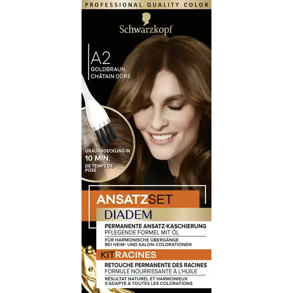 Schwarzkopf Diadem Ansatzset A2 Goldbraun: Цвет: Produktbeschreibung und details Verwenden Sie das DIADEM Ansatzset fr eine permanente AnsatzKaschierung fr harmonische bergnge  bei allen Heim und SalonColorationen Fr eine permanente AnsatzKaschierung in nur  Minuten Entdecken Sie den einfachen Weg um Ihre Anstze zwischen zwei Colorationen loszuwerden Extra pflegende Formel Die nhrende Formel mit l umhllt jedes Haar fr eine optimale Aufnahme der Farbpigmente und eine zustzliche Pflege der Haare Das bewhrte ColorMatchSystem des DIADEM Ansatzsets sorgt fr eine harmonische Kaschierung der bergnge  unabhngig von der Coloration die Sie vorher verwendet haben Die pflegende Formel mit l umhll jedes Haar vollstndig und sorgt dank des hochprzisen AnsatzPinsels fr eine Grauabdeckung in  Minuten permanente AnsatzKaschierung pflegende Formel mit l fr harmonische bergnge bei Heim und SalonColorationen Grauabdeckung in  Minuten Kontaktdaten Schwarzkopf ampamp Henkel a division of Henkel AG ampamp Co KGaA D Dsseldorf wwwschwarzkopfde Anwendung und Gebrauch  Geben Sie die ColorCreme und die Entwickleremulsion in die Anmischschale  Mischen Sie grndlich bis eine gleichmige Creme entsteht  Die Mischung nun gleichmig auf trockenem Haar und an dem sichtbaren Ansatz am Scheitel sowie an den Gesichtskonturen auftragen  Nach Ablauf der Einwirkzeit grndlich aussplen Die Entwicklerflasche bitte grndlich leeren Gebrauch Aufbewahrung und Verwendung Aufbewahrungs und Verwendungsbedingungen Darf nicht in die Hnde von Kindern gelangen Entwickler von Hitze fernhalten Keine nicht gebrauchte Mischung aufbewahren Inhaltsstoffe ColorCreme Aqua Water Eau Cetearyl Alcohol Paraffinum Liquidum Mineral Oil Huile Minrale Ammonium Hydroxide Sodium Laureth Carboxylate Coconut Alcohol Sodium Myreth Sulfate TolueneDiamine Sulfate Ceteareth Acrylamidopropyltrimonium ChlorideAcrylates Copolymer CocoGlucoside Glyceryl Oleate Potassium Hydroxide Ceteareth Ceteareth Sodium Sulfite Resorcinol Parfum Fragrance Methylresorcinol Ammonium Sulfate Sodium Silicate Etidronic Acid Ascorbic Acid Sodium Chloride Citric Acid Phenoxyethanol AminoHydroxypyridine Naphthalenediol Chlororesorcinol AlphaIsomethyl Ionone mAminophenol Benzyl Alcohol Methylparaben Ethylparaben Entwickler Aqua Water Eau Hydrogen Peroxide Cetearyl Alcohol Paraffinum Liquidum Mineral Oil Huile Minrale Ceteareth Propylene Glycol Etidronic Acid Dicarboxypyridine Disodium Pyrophosphate Potassium Hydroxide Sodium Benzoate Warnhinweise und wichtige Hinweise Warnhinweise Haarfrbemittel knnen schwere allergische Reaktionen hervorrufen Bitte folgende Hinweise lesen und beachten Dieses Produkt ist nicht fr Personen unter  Jahren bestimmt Temporre Ttowierungen mit quotschwarzem Hennaquot knnen das Allergierisiko erhhen Frben Sie Ihr Haar nicht  wenn Sie einen Ausschlag im Gesicht haben oder wenn Ihre Kopfhaut empfindlich gereizt oder verletzt ist  wenn Sie schon einmal nach dem Frben Ihrer Haare eine Reaktion festgestellt haben  wenn eine temporre Ttowierung mit quotschwarzem Hennaquot bei Ihnen schon einmal eine Reaktion verursacht hat Enthlt Wasserstoffperoxid Phenylendiamine Toluylendiamine Resorcin und Ammoniak Kontakt mit den Augen vermeiden Sofort Augen splen falls das Erzeugnis mit den Augen in Berhrung gekommen ist Nicht zur Frbung von Wimpern und Augenbrauen verwenden Nach der Anwendung die Haare gut splen Geeignete Handschuhe tragen Fhren Sie einen Allergieverdachtstest  Stunden vor jeder Anwendung einer Haarcoloration durch auch wenn Sie schon frher Haarcolorationen angewendet haben Daher denken Sie bitte daran das Produkt  Stunden vor der Anwendung zu kaufen Falls hierbei eine Hautunvertrglichkeit auftritt oder Zweifel bestehen fragen Sie bitte einen Hautarzt bevor Sie eine Haarcoloration anwenden
https://www.rossmann.de/de/pflege-und-duft-schwarzkopf-diadem-ansatzset-a2-goldbraun/p/4015100707618