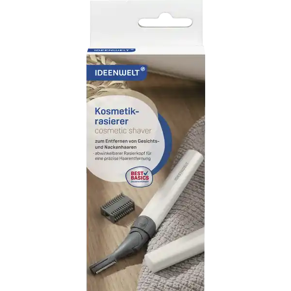 IDEENWELT Best Basics Kosmetikrasierer: Цвет: Produktbeschreibung und details Der handliche Kosmetikrasierer entfernt unschne Gesichts und Nackenhaare in Sekundenschnelle Ausgerstet mit dem zweiseitigen Kammaufsatz fr unterschiedliche Lngen  mm und  mm macht er sich auch beim Haarstyling ntzlich Dank abwinkelbarem Scherkopf ist der Rasierer auch fr eine przise Haarentfernung in der Bikinizone geeignet inkl Batterie mit zweiseitigem Kammaufsatz fr unterschiedliche Lngen  ampamp  mm zum Entfernen von Gesichts ampamp Nackenhaaren Rasierkopf abwinkelbar fr eine przise Haarentfernung auch fr die Bikinizone geeignet Mae BTH ca      cm Farbe WeiGrau Kontaktdaten Dirk Rossmann GmbH Isernhgener Strae   Burgwedel wwwrossmannde Hinweise zur Elektrogerte und Batterieentsorgung Hinweise zur Entsorgung von Elektrogerten und Batterien httpswwwrossmanndedeserviceundhilfeelektrogesetzbatteriegesetz
https://www.rossmann.de/de/ideenwelt-ideenwelt-best-basics-kosmetikrasierer/p/4305615477879