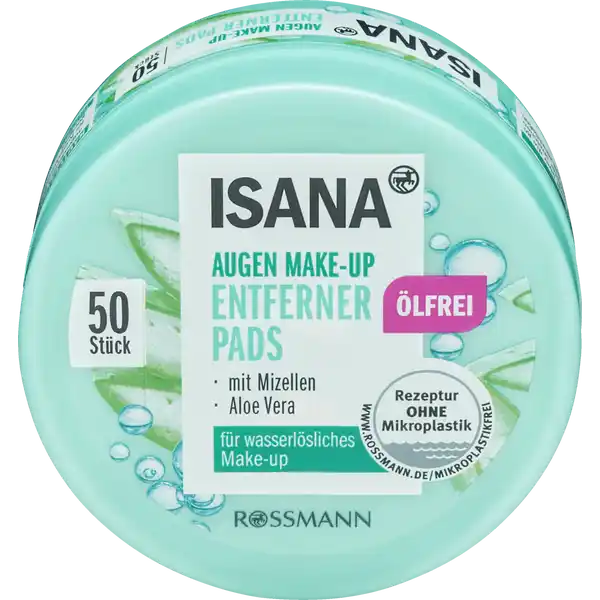 ISANA Augen MakeUp Entferner Pads lfrei: Цвет: Produktbeschreibung und details Die ISANA lfreie Augen MakeUp Entferner Pads mit Mizellentechnologie entfernen schonend und grndlich Augen MakeUp und pflegen gleichzeitig mit Aloe Vera die empfindliche Haut der Augenpartie Fr wasserlsliches Makeup HAUTVERTRGLICHKEIT augenrztlich getestet fr Kontaktlinsentrgerinnen geeignetTuchmaterial  natrlichen UrsprungsDiese Rezeptur ist zu  ohne Mikroplastik Kontaktdaten Dirk Rossmann GmbH Isernhgener Strae   Burgwedel wwwrossmannde Testurteile Qualittssiegel ampamp Verbandszeichen Anwendung und Gebrauch Mit einem Pad sanft ber die geschlossenen Augenlider streichen Dose nach Gebrauch fest verschlieen Gebrauch Aufbewahrung und Verwendung Aufbewahrungs und Verwendungsbedingungen Trocken und verschlossen lagern Inhaltsstoffe AQUA PROPYLENE GLYCOL ALOE BARBADENSIS LEAF JUICE COCAMIDOPROPYL BETAINE POLYGLYCERYL CAPRATE ETHYLHEXYLGLYCERIN DIPROPYLENE GLYCOL BHT CITRIC ACID SODIUM CITRATE SODIUM CHLORIDE POTASSIUM SORBATE SODIUM BENZOATE PARFUM
https://www.rossmann.de/de/pflege-und-duft-isana-augen-make-up-entferner-pads-oelfrei/p/4305615657295