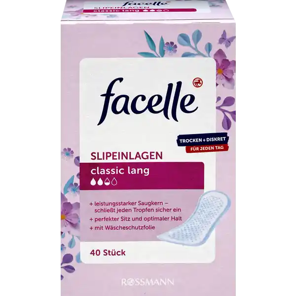 facelle Slipeinlagen classic lang: Цвет: Produktbeschreibung und details fr jeden Tag Trocken  Diskret leistungsstarker Saugkern  schliet jeden Tropfen sicher ein perfekter Sitz und optimaler Halt mit Wscheschutzfolie weiches Oberflchenvlies ohne Duftstoffe Mae  Lnge ca  cm  Breite ca  cm  Dicke ca  mm Kontaktdaten Dirk Rossmann GmbH Isernhgener Strae   Burgwedel wwwrossmannde     UrsprungslandHerkunftsort Deutschland Testurteile Qualittssiegel ampamp Verbandszeichen
https://www.rossmann.de/de/pflege-und-duft-facelle-slipeinlagen-classic-lang/p/4305615512372