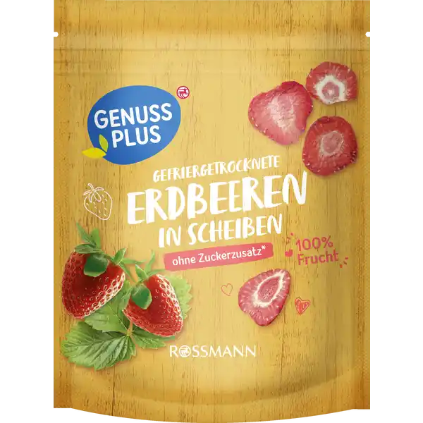 GENUSS PLUS Gefriergetrocknete Erdbeeren in Scheiben: Цвет: Produktbeschreibung und details Zeit fr deine SnackErnte Knusprig leicht Unsere gefriergetrockneten Erdbeeren machen deine Bowl noch reichhaltiger dein Msli noch leckerer  und deine Snackmomente noch fruchtiger Und httest dus gedacht In diesem Beutel finden bis zu ca  Gramm frische Erdbeeren Platz ohne Zuckerzusatz vegan gluten und laktosefrei enthlt von Natur aus Zucker von Natur aus vegan gluten und laktosefrei Lebensmittelunternehmer Name Dirk Rossmann GmbH Adresse Isernhgener Str   Burgwedel wwwrossmannde Testurteile Qualittssiegel ampamp Verbandszeichen Rechtlich vorgeschriebene Produktbezeichnung gefriertgetrocknete Erdbeeren in Scheiben Zutaten Erdbeeren geschnitten gefriergetrocknet Kann Spuren von SCHALENFRCHTEN und ERDNSSEN enthalten Nhrwerte Durchschnittliche Nhrwertangaben pro  g Energie  kj   kcal Fett  g davon  gesttigte Fettsuren  g Kohlenhydrate  g davon  Zucker  g Ballaststoffe  g Eiwei  g Salz  g Gebrauch Aufbewahrung und Verwendung Aufbewahrungs und Verwendungsbedingungen Trocken und vor Wrme geschtzt lagern
https://www.rossmann.de/de/lebensmittel-genuss-plus-gefriergetrocknete-erdbeeren-in-scheiben/p/4305615946252