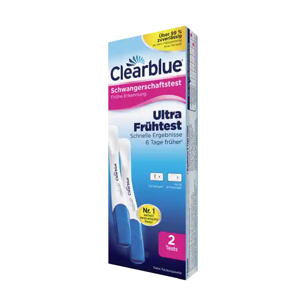 Clearblue Schwangerschaftstest Ultra Frhtest: Цвет: Produktbeschreibung und details Wenn Sie wissen mchten ob Sie schwanger sind kann das Warten auf den Testzeitpunkt schwerfallen Daher kann der Clearblue Schwangerschaftstest Frhe Erkennung bereits  Tage vor dem Ausbleiben der Periode verwendet werden d h  Tage vor dem Flligkeitstag Ihrer Periode Kann  Tage frher testen  Bei dem Clearblue Schwangerschaftstest Frhe Erkennung handelt es sich um unseren empfindlichsten Test mit dem Sie bereits  Tage vor dem Ausbleiben der Periode testen knnen d h  Tage vor Flligkeit der Periode Zu ber   zuverlssig  Ab dem Flligkeitstag Ihrer Periode Einfach in der Anwendung  Clearblue zeichnet sich durch das ergonomische Design aus das ein lngeres geschwungenes Teststbchen und eine breite sich frbende Testspitze umfasst Einzigartige FloodguardTechnologie  Unsere einzigartige FloodguardTM Technologie trgt dazu bei den hufigsten Benutzerfehler zu reduzieren und das Testen zu vereinfachen Leicht ablesbare Ergebnisse  Klares und einfach abzulesenes Ergebnis  Linien bei einer Schwangerschaft  Linie bei keiner Schwangerschaft Kontaktdaten wwwdeclearbluecom Anwendung und Gebrauch  Testzeitpunkt  Ein Test ist bereits  Tage vor dem Ausbleiben der Periode mglich d h  Tage vor Flligkeit der Periode siehe FWenn Sie vor dem Flligkeitstag der Periode testen verwenden Sie hierfr Morgenurin Ab Flligkeit der Periode knnen Sie zu jedem anderen Zeitpunkt testenNehmen Sie vor dem Test nicht bermig viel Flssigkeit zu sich  Fhren Sie den Test durch  Entfernen Sie die Folienverpackung und nehmen Sie die Kappe ab Testen Sie unmittelbar danach AUSWAHL DER TESTMETHODEWICHTIG Die sich frbende Testspitze frbt sich rasch rosa um zu zeigen dass sie Urin aufnimmt A Halten Sie die sich frbende Testspitze fr volle  Sekunden in den Urinstrahl ODER B Fangen Sie eine Urinprobe in einem sauberen trockenen Behlter auf und tauchen Sie nur die Testspitze fr volle  Sekunden in die Urinprobe einFrbt sich die Spitze nicht vollstndig rosa siehe FSetzen Sie die Kappe wieder auf und legen Sie das Teststbchen auf eine flache UnterlageBeginnen Sie mit der Zeitnahme WARTEN SIE  MINUTEN BEVOR SIE DAS ERGEBNIS ABLESEN Lesen Sie das Ergebnis ab  Im Kontrollfenster kann sich schnell eine Linie zeigen aber Sie MSSEN vor dem Ablesen Ihres Ergebnisses  Minuten lang warten Erscheint keine blaue Linie im Kontrollfenster dann ist der Test nicht korrekt abgelaufen siehe FIst das Ergebnis Nicht Schwanger siehe FIst das Ergebnis Schwanger siehe FWenn Sie sich immer noch unsicher sind ob das Ergebnis korrekt ist siehe F WICHTIG Lesen Sie das Ergebnis innerhalb von  Minuten nach Durchfhrung des Tests ab Ignorieren Sie Vernderungen Ihres Resultates nach dieser Zeit Gebrauch Aufbewahrung und Verwendung Aufbewahrungs und Verwendungsbedingungen Min Temp C Max Temp C Bei Zimmertemperatur aufbewahren Warnhinweise und wichtige Hinweise Warnhinweise Dieser Test ist fr die Verwendung zu Hause bestimmt Fr Kinder unzugnglich aufbewahren Lesen Sie die beigefgte Gebrauchsanweisung vor Gebrauch des Produkts sorgfltig durch Clearblue ist eine Marke von SPD Swiss Precision Diagnostics GmbH SPD Hinweise zur Elektrogerte und Batterieentsorgung Hinweise zur Entsorgung von Elektrogerten und Batterien httpswwwrossmanndedeserviceundhilfeelektrogesetzbatteriegesetz
https://www.rossmann.de/de/gesundheit-clearblue-schwangerschaftstest-ultra-fruehtest/p/8001841235561