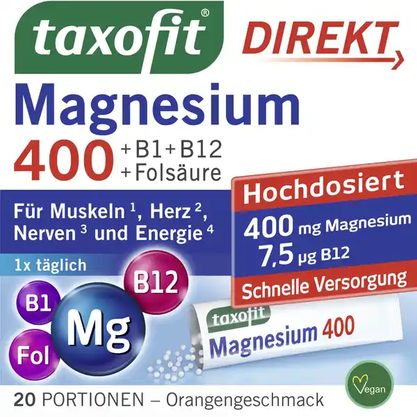 taxofit Magnesium   B  B  Folsure Direktgranulat: Цвет: https://www.rossmann.de/de/gesundheit-taxofit-magnesium-400--b1--b12--folsaeure-direktgranulat/p/4008617036333
Produktbeschreibung und details Fr Muskeln Herz Nerven und Energieleistung taxofit Magnesium  DirektGranulat mit leckerem Zitrusgeschmack versorgt den Krper unkompliziert mit Magnesium Die Einnahme ohne Wasser macht es dabei zum idealen Begleiter  im Alltag genauso wie unterwegs Bei Stress und anderen krperlichen Herausforderungen beim Sport oder bei starkem beruflichen Engagement kann man sich darauf verlassen Der Krper wird schnell und zuverlssig mit Magnesium sowie den Vitaminen B B und B versorgt hochdosirte MagnesiumVersorgung direkt Granulat Einnahme ohne Flssigkeit im praktischen Portionsbeutel mit Zitrusgeschmack auch fr Veganer geeignet Lebensmittelunternehmer Name MCM Klosterfrau Adresse D Kln wwwtaxofitde UrsprungslandHerkunftsort Deutschland Rechtlich vorgeschriebene Produktbezeichnung Nahrungsergnzungsmittel mit dem Mineralstoff Magnesium und Vitaminen mit Sungsmitteln Zutaten Sungsmittel Sorbit Magnesiumoxid Suerungsmittel Citronensure Aroma Trennmittel Magnesiumsalze der Speisefettsuren Fllstoff Calciumphosphate Pyridoxinhydrochlorid Thiaminhydrochlorid Sungsmittel Aspartam Sucralose und Acesulfam K Pteroylmonoglutaminsure Folsure Cyanocobalamin Nhrwerte Durchschnittliche Nhrwertangaben pro  Portion  Stck NRV Magnesium  mg   Vitamin B Thiamin  mg   Vitamin B  mg   Folsure  g   Vitamin B  g   Anwendung und Gebrauch  Beutel tglich zu einer Mahlzeit einnehmen DirektEinnahme ohne Flssigkeit Gebrauch Aufbewahrung und Verwendung Aufbewahrungs und Verwendungsbedingungen Bitte trocken und nicht ber  Grad Celsius lagern Warnhinweise und wichtige Hinweise Warnhinweise Magnesiumprparate knnen bei empfindlichen Personen eine leicht abfhrende Wirkung haben Enthlt eine Phenylalaninquelle kann bei bermigem Verzehr abfhrend wirken Nur fr Erwachsene geeignet Nahrungsergnzungsmittel sollten nicht als Ersatz fr eine ausgewogene und abwechslungsreiche Ernhrung verwendet werden oder eine gesunde Lebensweise ersetzen Die angegebene empfohlene tgliche Verzehrsmenge darf nicht berschritten werden Auerhalb der Reichweite von kleinen Kindern lagern