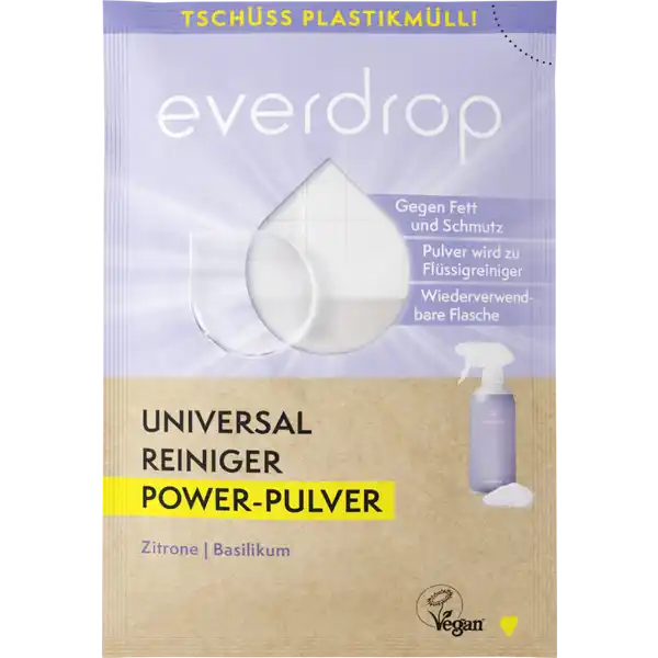 everdrop Universalreiniger Power-Pulver: Цвет: https://www.rossmann.de/de/haushalt-everdrop-universalreiniger-power-pulver/p/4262365714602
Produktbeschreibung und details Wasser Pulver fertig So schnell kann man jetzt Zuhause einen everdrop Universalreiniger anmischen und spart mit jedem PulverSachet eine ganze Einwegplastikflasche ein Durch dieses RefillSystem werden zudem bis zu   an COEmissionen eingespart da kein Wasser in Einwegplastikflaschen mehr unntig quer durchs Land transportiert werden muss kraftvoller Universalreiniger zum Anmischen stark gegen Fett und Schmutz  PowerPulver ergibt  ml Universalreiniger jeder Refill spart Plastikmll ein vegan Kontaktdaten everdrop GmbH Isarwinkel   Mnchen wwweverdropde Anwendung und Gebrauch Wasser  Pulver  fertig  Bis zu  ml warmes Wasser  in die Flasche fllen  Pulver in das Wasser geben und kurz warten  Flasche mit dem Sprhkopf verschlieen und krftig schtteln Fertig ist der Power Universalreiniger Gebrauch Aufbewahrung und Verwendung Aufbewahrungs und Verwendungsbedingungen Bitte darauf achten das Power Pulver Sachet stets trocken und vor Feuchtigkeit geschtzt zu lagern Inhaltsstoffe Sodium Carbonate Ceteareth Potassium Carbonate Trisodium Dicarboxymethyl Alaninate Sodium Bicarbonate Sodium Lauryl Sulfate Capryleth Parfum Colorant Warnhinweise und wichtige Hinweise Warnhinweise GEFAHR