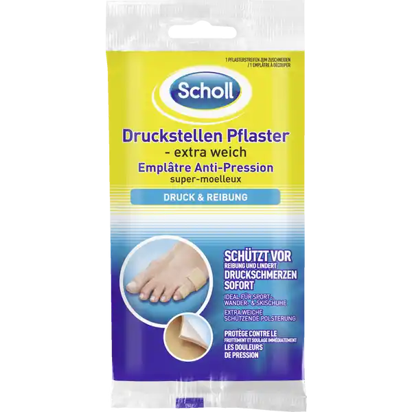 Scholl Druckstellen Pflaster extra weich: Цвет: https://www.rossmann.de/de/gesundheit-scholl-druckstellen-pflaster-extra-weich/p/4006671036115
Produktbeschreibung und details Das Scholl Druckstellen Pflaster extra weich hilft bei der Schmerzlinderung durch Reduzierung von Druck und Scheuern ideal fr Sport Wander ampamp Skischuhe extra weiche schtzende Polsterung dermatologisch getesteter Klebstoff kann auf jeden Teil des Fues zugeschnitten werden kann auch an Schuhen angebracht werden um Fersen Zehen usw zu schtzen Kontaktdaten Scholls Wellness Company GmbH Schwalbacher Str   Wiesbaden wwwschollfusspflegede UrsprungslandHerkunftsort Grobritannien Anwendung und Gebrauch Nur uerlich anwenden Auf sauberer und trockener Haut anwenden tglich Pflaster wechseln Pflaster auf die gewnschte Gre zuschneiden und das Trgerpapier abziehen Aufkleben und fest andrcken Gebrauch Aufbewahrung und Verwendung Aufbewahrungs und Verwendungsbedingungen Auer Reichweite von Kindern aufbewahren Khl trocken und vor direkter Sonneneinstrahlung geschtzt aufbewahren Warnhinweise und wichtige Hinweise Warnhinweise Enthlt Latex nicht anwenden bei Latexallergie Nicht auf entzndeter oder verletzter Haut anwenden Bei Beschwerden Reizungen oder berempfindlichkeit Anwendung abbrechen und Pflaster entfernen Bei anhaltenden Beschwerden rztlichen Rat einholen Nicht zu fest anziehen nicht um Zehen oder Fu binden Nicht verwenden wenn die Versiegelung der Packung beschdigt ist Dieses Produkt eignet sich fr Personen mit Diabetes oder Durchblutungsstrungen Wir empfehlen vor der Anwendung einen Arzt oder Podologen aufzusuchen Konformittserklrung Konformittserklrung Laden Sie das Dokument zum Produkt als PDF herunter