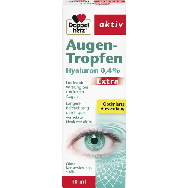 Doppelherz Augen-Tropfen Hyaluron 0,4 %: Цвет: https://www.rossmann.de/de/gesundheit-doppelherz-augen-tropfen-hyaluron-04-/p/4009932131352
Produktbeschreibung und details  Medizinprodukt  lindernde Wirkung bei trockenen Augen lngere Befeuchtung durch quervernetzte Hyaluronsure optimierte Anwendung durch SoftTouch Flasche fr Kontaktlinsentrger geeignet Kontaktdaten Queisser Pharma Schleswiger Strae   Flensburg Deutschland wwwdoppelherzde Gebrauch Aufbewahrung und Verwendung Aufbewahrungs und Verwendungsbedingungen Zwischen  C und  C trocken lagern und von Hitze und direkter Sonneneinstrahlung fernhalten Nach Anbruch  Monate verwendbar Inhaltsstoffe Wssrige NatriumhyaluronatCrosspolymerlsung davon   NatriumhyaluronatCrosspolymer Trometamol Salzsure N Natriumchlorid Wasser fr Injektionszwecke WFI Warnhinweise und wichtige Hinweise Warnhinweise Nur zur Anwendung am Auge Bitte lesen Sie die Packungsbeilage vor der Anwendung sorgfltig durch Fr Kinder unzugnglich aufbewahren