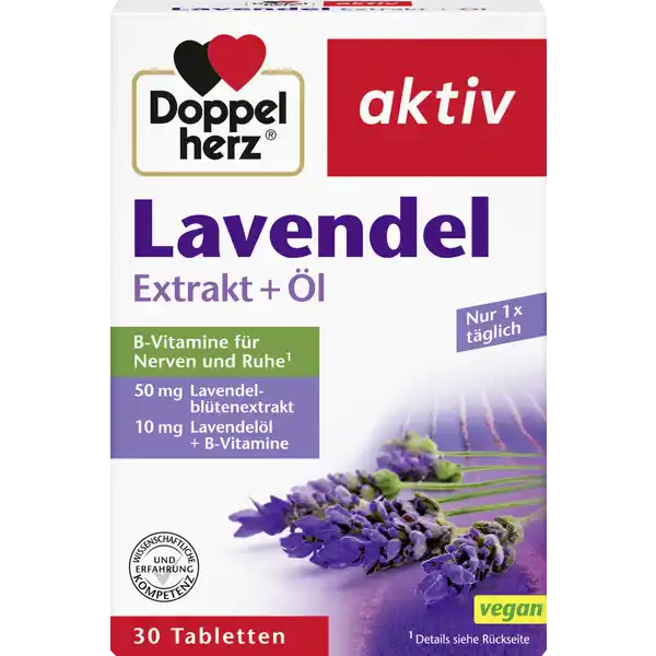 Doppelherz aktiv Lavendel Extrakt  l Tabletten: Цвет: https://www.rossmann.de/de/gesundheit-doppelherz-aktiv-lavendel-extrakt--oel-tabletten/p/4009932131284
Produktbeschreibung und details Berufliche Herausforderungen und familire Verpflichtungen persnlicher Erfolgs und Zeitdruck sind heute allzu oft Bestandteil unseres Alltags Lavendell ist das therische l aus den Blten des Lavendels Zart duftende lilafarbene Lavendelblten sind vor allem in Sdfrankreich auf groen Feldern zu sehen und zu riechen Lavendel zu riechen bedeutet fr viele Menschen eintauchen in eine andere Welt  voller Entspannung Trume und Urlaubserinnerungen mit  mg Lavendelbltenextrakt und  mg Lavendell pro Tablette mit ausgesuchten BVitaminen Vitamin B  B tragen zu einer normalen psychischen Funktion und einer normalen Funktion des Nervensystems bei Vitamin B Pantothensure trgt auerdem zu einer normalen geistigen Leistung bei Vitamin B leistet einen Beitrag zur Verringerung von Mdigkeit und Erschpfung und trgt zu einem normalen Energiestoffwechsel bei lactosefrei vegan Lebensmittelunternehmer Name Queisser Pharma GmbH ampamp Co KG Adresse Schleswiger Strae  D Flensburg wwwdoppelherzde UrsprungslandHerkunftsort Deutschland Rechtlich vorgeschriebene Produktbezeichnung Tabletten mit Lavendelbltenextrakt Lavendell und BVitaminen Nahrungsergnzungsmittel Zutaten Fllstoff mikrokristalline Cellulose Lavendelbltenextrakt Maltodextrin Trennmittel Siliciumdioxid Fllstoff Hydroxypropylcellulose Fllstoff Cellulosepulver Trennmittel Magnesiumsalze der Speisefettsuren Fllstoff vernetzte Carboxymethylcellulose berzugsmittel Hydroxypropylmethylcellulose Lavendell CalciumDpantothenat Trennmittel Magnesiumhydroxidcarbonat Farbstoff Calciumcarbonat berzugsmittel Polyethylenglycol Trennmittel Talkum Pyridoxinhydrochlorid Thiaminhydrochlorid Riboflavin Farbstoff Eisenoxide und Eisenhydroxide Cyanocobalamin Nhrwerte Durchschnittliche Nhrwertangaben pro  Portion  Tablette NRV Vitamin B Thiamin  mg   Vitamin B Riboflavin  mg   Vitamin B  mg   Vitamin B  g   Pantothensure  mg   Anwendung und Gebrauch Tglich  Tablette mit ausreichend Flssigkeit unzerkaut einnehmen Gebrauch Aufbewahrung und Verwendung Aufbewahrungs und Verwendungsbedingungen Trocken und nicht ber C lagern Warnhinweise und wichtige Hinweise Warnhinweise Die angegebene empfohlene tgliche Verzehrmenge darf nicht berschritten werden Nahrungsergnzungsmittel sind kein Ersatz fr eine ausgewogene und abwechslungsreiche Ernhrung und gesunde Lebensweise Fr Kinder und Jugendliche Schwangere und Stillende nicht geeignet