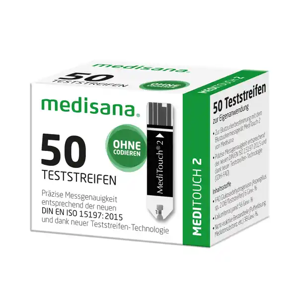 MEDISANA MEDITOUCH 2 Teststreifen: Цвет: https://www.rossmann.de/de/gesundheit-medisana-meditouch-2-teststreifen/p/4015588790423
Produktbeschreibung und details zur Eigenanwendung zur Blutzuckerbestimmung mit dem Blutzuckermessgert MediTouch  von Medisana przise Messgenauigkeit entsprechend der neuen DIN EN ISO  und dank neuer TeststreifenTechnologie GHDFAD ohne Codieren Kontaktdaten medisana GmbH Jagenbergstr   Neuss wwwmedisanade Inhaltsstoffe FAD Glucosedehydrogenase Aspergillus spIETeststreifen  Gew Kaliumferrocyanid  Gew nichtreaktive Bestandteile Pufferlsung Mediatorsubstanz etc  Gew