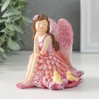 Сувенир полистоун "Девочка-ангел в розовом платье с птичками" розовые крылья 10х8,5х10 см: 
