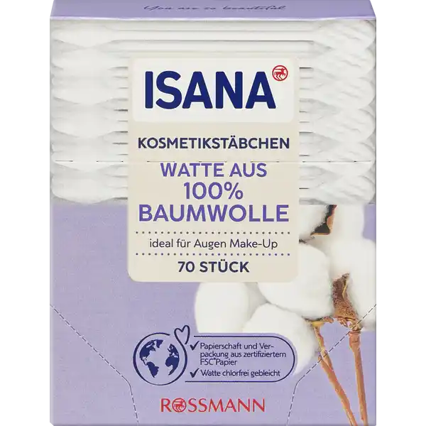 ISANA Kosmetikstbchen Watte aus  Baumwolle: Цвет: https://www.rossmann.de/de/pflege-und-duft-isana-kosmetikstaebchen-watte-aus-100-baumwolle/p/4305615651439
Produktbeschreibung und details ideal fr Augen MakeUp  Stck ISANA Kosmetikstbchen aus  Baumwolle und umweltfreundlichen Papierstbchen sind die idealen Helfer fr deine tgliche Schminkroutine Die flache Spatelseite eignet sich speziell zum Auftragen von Lidschatten die spitze Seite zur Korrektur von Mascara Eyeliner Lippenstift oder Nagellack Beauty Hack Natrliche Augebrauen Anstelle eines Augenbrauenstiftes verwendest du einfach unser ISANA Kosmetikstbchen Streiche dazu matten Lidschatten in der Farbe deiner Augenbrauen auf das Stbchen und fahre mit ihm deine Augenbrauen entlang um sie leicht einzufrben Ein perfekter Look fr deine strahlenden Augen Kontaktdaten Dirk Rossmann GmbH Isernhgener Strae   Burgwedel wwwrossmannde Testurteile Qualittssiegel ampamp Verbandszeichen Gebrauch Aufbewahrung und Verwendung Aufbewahrungs und Verwendungsbedingungen Nicht in den Gehrgang oder die Nase einfhren