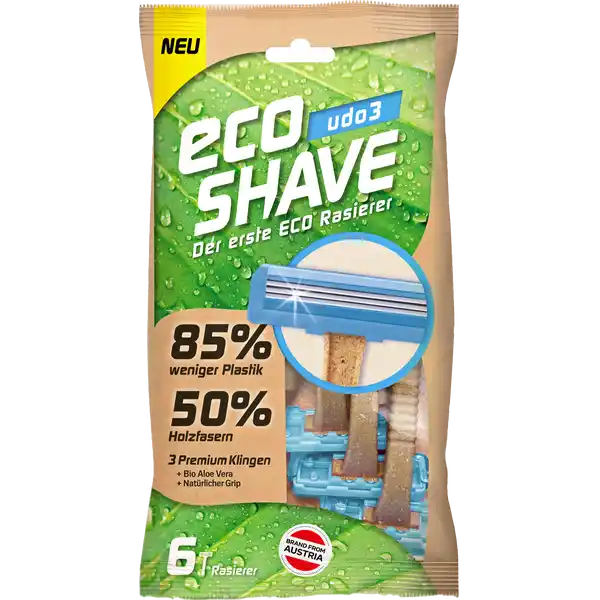 ecoSHAVE udo3 Rasierer: Цвет: Produktbeschreibung und details Der erste ECO Rasierer Sauber rasieren und Umwelt schonen  weniger Plastik  Holzfasern  Premium Klingen  Bio Aloe Vera Streifen  natrlicher Grip perfekte Rasur   Premium Klingen aus schwedischem Stahl  Bio AloeVeraStreifen fr eine extra sanfte Rasur  natrlicher AntiRutschGriff fr mehr Sicherheit Eco TechMaterial  mit mindestens  Holzfasern aus nachhaltiger Forstwirtschaft  reduziert Plastikmll um bis zu   reduziert COEmmision Einsparungspotential inkl Verpackung im Vergleich zu handelsblichen Einwegrasierern Biokomposit mit Anteil an nachwachsendem Holz aus nachhaltiger Forstwirtschaft in der EU Einsparungspotential im Vergleich zu Produkten aus PP Kontaktdaten ecoSHAVE by Waltz Seven GmbH Sieveringerstrae  AT Wien wwwecoshaveeu       Inhaltsstoffe PEGM Polystyrene Sodium Laureth Sulfate CI  CI  Aloe Barbadensis Leaf Tocopherol Aloe Barbadensis Extract aus biologischem Anbau Vitamin E
https://www.rossmann.de/de/pflege-und-duft-ecoshave-udo3-rasierer/p/9120071315665