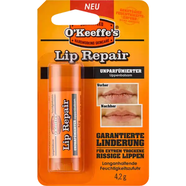 OKeeffes Lip Repair unparfmierter Lippenbalsam: Цвет: Produktbeschreibung und details OKeeffes Lip Repair schafft eine flexible Barriere die sich mit Ihren Lippen bewegt um trockene rissige Lippen auch vor rauesten Umgebungen zu schtzen Dank der lang anhaltenden Formel ist das Produkt perfekt fr unterwegs und spendet den ganzen Tag ber Feuchtigkeit mit nur einer Anwendung Es ist klinisch nachgewiesen dass das Produkt nach nur einer Anwendung wirkt Ganz genau  Sie mssen das Produkt nicht mehr tglich und zudem mehrmals am Tag auftragen Die Wirkung bleibt auch nach dem Essen und Trinken bestehen intensive Pflege fr extrem trockene rissige Lippen hochwirksame Formel spendet Feuchtigkeit lindert und repariert trockene Lippen lang anhaltende Feuchtigkeitszufuhr von bis zu  Stunden Kontaktdaten Kaufmann Neuheiten GmbH JohannesMajerStr   Waldorfhslach wwwokeeffescode Anwendung und Gebrauch Fr das beste Ergebnis tragen Sie OKeeffes Lip Repair morgens auf die Lippen auf und genieen Sie den ganzen Tag ber wohltuende Feuchtigkeit und Schutz Brechen Sie die Anwendung bei Reizung ab Gebrauch Aufbewahrung und Verwendung Aufbewahrungs und Verwendungsbedingungen Khl und trocken lagern Schtzen Sie dieses Produkt vor Hitze und direkter Sonne Inhaltsstoffe BEESWAX DIMETHICONE PETROLATUM HYDROGENATED POLYDECENE PHENYL TRIMETHICONE TRIMETHYLPENTANEDIOLADIPIC ACIDGLYCERIN CROSSPOLYMER BUTYROSPERMUM PARKII BUTTER PRUNUS AMYGDALUS DULCIS SWEET ALMOND OIL HYDROGENATED POLYISOBUTENE POLYSILICONE ETHYLENEPROPYLENESTYRENE COPOLYMER PENTAERYTHRITYL TETRADITBUTYL HYDROXYHYDROCINNAMATE
https://www.rossmann.de/de/pflege-und-duft-okeeffes-lip-repair-unparfuemierter-lippenbalsam/p/5704947005764