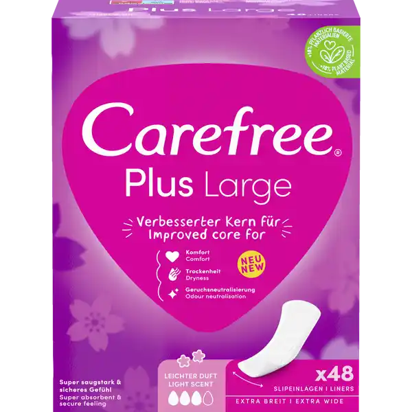 Carefree Slipeinlagen Plus Large: Цвет: Produktbeschreibung und details Neuer Slipeinlagenkern und neues Design Breiter und lnger als Carefree Cotton Feel Slipeinlagen fr extra Schutz Die extra breiten und langen Carefree Plus Large Slipeinlagen mit leichtem Duft haben einen super saugstarken Kern der hilft Flssigkeiten sofort einzuschlieen selbst Gerche werden bis zu  Stunden lang kontrolliert Die Soft Touch Oberflche bietet besonders weichen Tragekomfort Die Carefree Slipeinlagen sind in verschiedenen Designs erhltlich ob parfmfrei oder mit frischem Duft lang oder kurz  unter den Slipeinlagen von Carefree ist fr jeden etwas Passendes dabei Kontaktdaten Johnson ampamp Johnson GmbH  Neuss wwwcarefreede Warnhinweise und wichtige Hinweise Warnhinweise Produkt enthlt Kunststoff Nicht in der Toilette entsorgen Nach Gebrauch in den Mlleimer werfen Hilf mit die Umwelt zu schtzen
https://www.rossmann.de/de/pflege-und-duft-carefree-slipeinlagen-plus-large/p/3574661661988