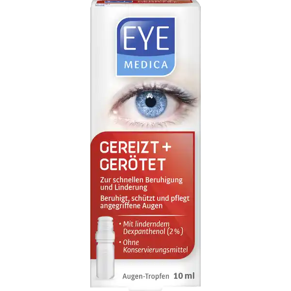 EyeMedica Augentropfen Gereizt  Gertet: Цвет: https://www.rossmann.de/de/gesundheit-eyemedica-augentropfen-gereizt--geroetet/p/4036581420124
Produktbeschreibung und details EyeMedica Gereizt  Gertet AugenTropfen beruhigen angegriffene strapazierte Augen und lindern die Symptome schnell und lang anhaltend Auerdem bilden sie einen stabilen Schutzfilm auf der Hornhaut Die Augenoberflche wird zustzlich gepflegt und ein Ausgleich fr fehlende Trnenflssigkeit geschaffen zur schnellen Linderung und Beruhigung fr gereizte gertete und angegriffene Augen mit linderndem Dexpanthenol  ohne Konservierungsmittel fr alle Arten von Kontaktlinsen geeignet handliche Tropfdosierung phosphatfrei Kontaktdaten Districon GmbH BessieColemanStrae  D Frankfurt wwweyemedicade UrsprungslandHerkunftsort Deutschland Anwendung und Gebrauch Geben Sie je nach Bedarf  bis  mal tglich    Augentropfen in jedes Auge oder auf die Innenseite der Kontaktlinse Vermeiden Sie jegliche Berhrung der Tropfffnung mit dem Auge oder den Hnden Nach dem Eintropfen schlieen Sie langsam die Augen damit sich die Flssigkeit gleichmig auf der Oberflche des Auges verteilen kann Gebrauch Aufbewahrung und Verwendung Aufbewahrungs und Verwendungsbedingungen Falsche nach Gebrauch mit Verschlusskappe verschlieen und lichtgeschtzt im Originalkarton lagern Auerhalb der Reichweite von kleinen Kindern aufbewahren Inhaltsstoffe Dexpanthenol  Carbomer Citronensure wasserfrei Sorbitol Wasser fr Injektionszwecke Warnhinweise und wichtige Hinweise Warnhinweise Nur zur uerlichen Anwendung Nicht verwenden bei beschdigter Flasche oder Siegelring sowie nach Ablauf des Verfallsdatums Nach dem erstmaligen ffnen die Augentropfen nicht lnger als  Monate anwenden Konformittserklrung Konformittserklrung Laden Sie das Dokument zum Produkt als PDF herunter