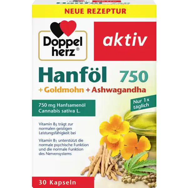 Doppelherz Hanfl  Kapseln: Цвет: https://www.rossmann.de/de/gesundheit-doppelherz-hanfoel-750-kapseln/p/4009932132526
Produktbeschreibung und details In den stlichen Kulturen wird Hanfl aufgrund seiner positiven Eigenschaften schon seit Jahrhunderten geschtzt Hanf ist eine der ltesten Kulturpflanzen der Erde deren Samen Bltter Blten und Fasern in unterschiedlichster Weise Verwendung finden So wurden zum Beispiel die Hanfsamen bereits vor Jahrhunderten als Nahrungsmittel genutzt Das in den Kapseln verwendete Hanfl wird mittels Kaltpressung aus dem Samen der Cannabispflanze Cannabis sativa L gewonnen Der Goldmohn Eschscholzia californica wird auch kalifornischer Mohn oder Schlafmtzchen genannt und ist eine Pflanzenart aus der Familie der Mohngewchse Ashwagandha die Schlafbeere oder Winterkirsche entstammt der Familie der Nachtschattengewchse  Kapsel enthlt mg Hanfl mg Goldmohnextrakt  mg Ashwagandhaextrakt Vitamin B trgt zu einer normalen geistigen Leistungsfhigkeit und einem normalen Energiestoffwechsel bei Vitamin B leistet einen Beitrag zu einer normalen Funktion des Nervensystems und untersttzt die normale psychische Funktion Lebensmittelunternehmer Name Queisser Pharma GmbH ampamp Co KG Adresse Schleswiger Str   Flensburg wwwdoppelherzde Testurteile Qualittssiegel ampamp Verbandszeichen Rechtlich vorgeschriebene Produktbezeichnung Kapseln mit Hanfsamenl Goldmohnkrautextrakt Ashwagandhawurzelextrakt Vitamin B und B Pantothensure Nahrungsergnzungsmittel Zutaten Hanfsamenl Gelatine Rind Feuchthaltemittel Glycerin Stabilisator Siliciumdioxid Extrakt aus Goldmohnkraut Ashwaghandhawurzelextrakt Emulgator SOJALECITHINE  Pantothensure Farbstoff Eisenoxide und Eisenhydroxide Vitamin B Nhrwerte Durchschnittliche Nhrwertangaben pro  Portion  Kapsel Tagesdosis Referenzwert Nhrstoffbezugswerte gem EUVerordnung  NRV Vitamin B Thiamin  mg   Pantothensure  mg   Anwendung und Gebrauch Tglich  Kapsel mit ausreichend Flssigkeit einnehmen Gebrauch Aufbewahrung und Verwendung Aufbewahrungs und Verwendungsbedingungen Trocken und nicht ber  C lagern Warnhinweise und wichtige Hinweise Warnhinweise Die angegebene empfohlene tgliche Verzehrsmenge darf nicht berschritten werden Nahrungsergnzungsmittel sind kein Ersatz fr eine ausgewogene und abwechslungsreiche Ernhrung und eine gesunde Lebensweise Fr kleine Kinder unzugnglich aufbewahren Fr Kinder Jugendliche Schwangere und Stillende nicht geeignet THCGehalt amplt   laut GesetzNicht einnehmen bei Allergie gegen Mohngewchse Wenn Sie gleichzeitig Medikamente einnehmen sollten Sie den Verzehr mit Ihrem Arzt besprechen