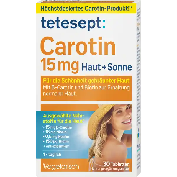 tetesept Carotin 15 mg Haut + Sonne: Цвет: https://www.rossmann.de/de/gesundheit-tetesept-carotin-15-mg-haut--sonne/p/4008491104159
Produktbeschreibung und details Intensive Sonneneinstrahlung belastet unsere Haut stark und kann zu vorzeitiger Hautalterung fhren Daher ist ein oxidativer Schutz der Haut wichtig Eine regelmige Zufuhr von Vitaminen und Mineralstoffen kann helfen die Haut von innen zu untersttzen Lebensmittelunternehmer Name Merz Consumer Care GmbH Adresse Eckenheimer Landstrae   Frankfurt am Main wwwteteseptde UrsprungslandHerkunftsort Deutschland Rechtlich vorgeschriebene Produktbezeichnung Nahrungsergnzungsmittel mit Vitaminen Mineralstoffen und Carotin Zutaten Fllstoff Mikrokristalline Cellulose Modifizierte Strke Ascorbinsure Vitamin C Nicotinamid Niacin Carotin  Vitamin A Maisstrke berzugsmittel Hydroxypropylmethylcellulose Zinkoxid DLTocopherylacetat Vitamin E Maltodextrin l pflanzlich Mais Kokosnuss Trennmittel Magnesiumsalz der Speisefettsure Strke Trennmittel Talkum berzugsmittel Hydroxypropylcellulose KupfersulfatAnhydrat Trennmittel Siliziumdioxid Farbstoffe Eisenoxid rot Calciumcarbonat Antioxidationsmittel DLTocopherol Natriumascorbat Saccharose Biotin Cholecalciferol Vitamin D Nhrwerte Durchschnittliche Nhrwertangaben pro  Portion Tagesdosis Tagesdosis Referenzwert Anteil der Referenzwerte fr die tgliche Zufuhr gem Europischer Lebensmittelinformationsverordnung LMIV NRV  Nutrient Reference Value NRV Zink  mg   Kupfer  mg   Vitamin A  g   Vitamin D  g   Vitamin E  mg   Vitamin C  mg   Niacin  mg   Biotin  g   Anwendung und Gebrauch  x tglich  Tablette unzerkaut mit ausreichend Flssigkeit verzehren Gebrauch Aufbewahrung und Verwendung Aufbewahrungs und Verwendungsbedingungen Vor Hitze und direkter Lichteinstrahlung schtzen Fr kleine Kinder unzugnglich aufbewahren Warnhinweise und wichtige Hinweise Warnhinweise Die empfohlene tgliche Verzehrsmenge darf nicht berschritten werden Nahrungsergnzungsmittel sind kein Ersatz fr eine abwechslungsreiche und ausgewogene Ernhrung die zusammen mit einer gesunden Lebensweise von Bedeutung ist Fr kleine Kinder unzugnglich aufbewahrenFr Erwachsene Starke Raucher sollten hohe Mengen an BetaCarotin meiden