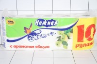 БУМАГА туалетная Нежная 10 ти рулон яблоко 100 % целлюлоза, 2 слоя /4шт.: 