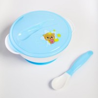 Набор детской посуды «Счастливый малыш», 3 предмета: тарелка на присоске, крышка, ложка, цвет голубой: 