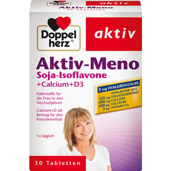 Doppelherz Aktiv-Meno Soja-Isoflavone +Calcium +D3: Цвет: Produktbeschreibung und details Doppelherz AktivMeno SojaIsoflavone Calcium D Nhrstoffe fr die Frau in den Wechseljahren CalciumD fr den Knochenerhalt mit Hyaluronsure Lebensmittelunternehmer Name Queisser Pharma GmbH ampamp Co KG Adresse Schleswiger Strae   Flensburg Deutschland Rechtlich vorgeschriebene Produktbezeichnung NahrungsergnzungsmittelTabletten mit Calcium Sojakonzentrat und Vitaminen Zutaten Calciumcarbonat isoflavonhaltiges SOJAKONZENTRAT  Fllstoff Gummi arabicum Fllstoff mikrokristalline Cellulose Trennmittel Siliciumdioxid Fllstoff Cellulose Fllstoff vernetzte Carboxymethylcellulose hyaluronsurehaltiges Kollagenhydrolysat   berzugsmittel Hydroxypropylmethylcellulose Trennmittel Calciumsalze der Speisefettsuren Farbstoff Titandioxid berzugsmittel Schellack Trennmittel Talkum Cyanocobalamin Olivenl Pyridoxinhydrochlorid Thiaminmononitrat Riboflavin Farbstoff Eisenoxide und Eisenhydroxide Emulgator Polysorbat  Pteroylmonoglutaminsure DBiotin Cholecalciferol Nhrwerte Durchschnittliche Nhrwertangaben pro  Portion  Stck NRV Calcium  mg   Vitamin D  g   Vitamin B Thiamin  mg   Vitamin B Riboflavin  mg   Vitamin B  mg   Folsure  g   Vitamin B  g   Biotin  g   Anwendung und Gebrauch Tglich  Tablette mit ausreichend Flssigkeit unzerkaut einnehmen Gebrauch Aufbewahrung und Verwendung Aufbewahrungs und Verwendungsbedingungen Trocken und nicht ber  C lagern Warnhinweise und wichtige Hinweise Warnhinweise Die angegebene empfohlene tgliche Verzehrsmenge darf nicht berschritten werden Nahrungsergnzungsmittel sind kein Ersatz fr eine ausgewogene und abwechslungsreiche Ernhrung und eine gesunde Lebensweise Fr kleine Kinder unzugnglich aufbewahren Kann bei bermigem Verzehr abfhrend wirkenFr Kinder und Jugendliche nicht geeignet Tglich  Tablette mit ausreichend Flssigkeit unzerkaut einnehmen
https://www.rossmann.de/de/gesundheit-doppelherz-aktiv-meno-soja-isoflavone-calcium-d3/p/4009932002454