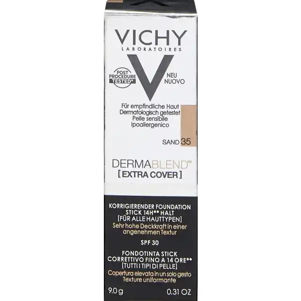 VICHY DERMABLEND [EXTRA COVER] korrigierender Foundation Stick 35 sand: Цвет: Produktbeschreibung und details Der DERMABLEND Extra Cover Stick h von Vichy ist ein hochpigmentierter Foundation Stick der Unebenmigkeiten sofort kaschiert Der Makeup Stick deckt Rtungen ab und schtzt die Haut dank LSF  vor UVStrahlung fr alle Hauttypen starke Deckkraft mattiert die Haut sofort und langanhaltend kaschiert dank hoher Deckkraft farbliche Unebenmigkeiten deckt Rtungen bis zu h lang ab sanfte Textur verschmilzt sofort mit der Haut unter dermatologischer und ophtalmologischer Aufsicht getestet getestet nach verschiedenen Hautbehandlungen nichtkomedogen auch fr empfindliche Haut geeignet LSF  Kontaktdaten VICHY CAICAF  Vichy France TSA   ST OUEN CEDEX FR wwwvichycom UrsprungslandHerkunftsort Frankreich Anwendung und Gebrauch  Schritt Die Haut mit einer Gesichtsreinigung reinigen und anschlieend die gewohnte Feuchtigkeitspflege vor Verwendung des Sticks auf die Haut auftragen Der Stick kann alleine oder als Ergnzung zu einer Foundation verwendet werden  Schritt Der Stick kann mit einem sauberen Finger oder mit einem Pinsel sanft auf die zu korrigierende Hautpartie aufgetragen werden Die Textur des Sticks durch leichten Klopfbewegungen mit den Fingerspitzen mit dem Teint verschmelzen lassen um Makeup Rnder zu vermeiden  Schritt Die Deckkraft kann durch mehrfaches auftragen erhht werden Wichtig ist dabei den Stick nicht auf unverheilte Wunden aufzutragen Inhaltsstoffe PARAFFINUM LIQUIDUM  MINERAL OIL  TALC  CERA ALBA  BEESWAX  BARIUM SULFATE  ISOPROPYL PALMITATE  STEARYL STEARATE  KAOLIN  MAGNESIUM CARBONATE  COPERNICIA CERIFERA CERA  CARNAUBA WAX  CERA MICROCRISTALLINA  MICROCRYSTALLINE WAX  ALLANTOIN  LAUROYL LYSINE  MAY CONTAIN  CI   TITANIUM DIOXIDE  CI  CI  CI   IRON OXIDES
https://www.rossmann.de/de/make-up-vichy-dermablend-extra-cover-korrigierender-foundation-stick-35-sand/p/3337875692892