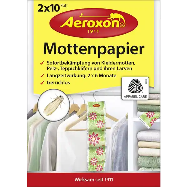 Aeroxon Mottenpapier: Цвет: Produktbeschreibung und details Das Aeroxon Mottenpapier sorgt fr einen zuverlssigen Mottenschutz in Kleiderschrnken Schubladen Kommoden und an Teppichen Bereits vorhandene Kleidermotten Pelz oder Teppichkfer sowie ihre Larven werden schnell und sicher bekmpft Die Wirkdauer je Streifen betrgt  Monate Kontaktdaten Aeroxon Insect Control GmbH Bahnhofstrae  D Waiblingen wwwaeroxonde Anwendung und Gebrauch Im Kleiderschrank ca  m Rauminhalt Hhe  m x Breite  m x Tiefe  cm einen Streifen ber die Kleiderstange oder an einen Kleiderbgel hngen Bei sehr dicht gefllten Schrnken einen weiteren Streifen anbringen Inhaltsstoffe Wirkstoff Tetrafluorbenzyltransdichlorvinyldimethylcyclopropancarboxylat  Transfluthrin  gkg Warnhinweise und wichtige Hinweise BiozidHinweis Biozidprodukte vorsichtig verwenden Vor Gebrauch stets Etikett und Produktinformationen lesen BiozidNr N Warnhinweise ACHTUNG Lesen Sie smtliche Anweisungen aufmerksam und befolgen Sie diese Darf nicht in die Hnde von Kindern gelangen Ist rztlicher Rat erforderlich Verpackung oder Kennzeichnungsetikett bereithalten Erste Hilfe Nach Einatmen Frischluftzufuhr bei Beschwerden Arzt aufsuchen Nach Hautkontakt Mit Wasser und Seife abwaschen Nach Augenkontakt Augen bei geffnetem Lidspalt mehrere Minuten mit flieendem Wasser splen Bei anhaltenden Beschwerden Arzt konsultieren Freisetzung in die Umwelt vermeiden Sehr giftig fr Wasserorganismen mit langfristiger Wirkung Entsorgung des Inhalts gem den rtlichen Vorschriften
https://www.rossmann.de/de/haushalt-aeroxon-mottenpapier/p/4027600454411