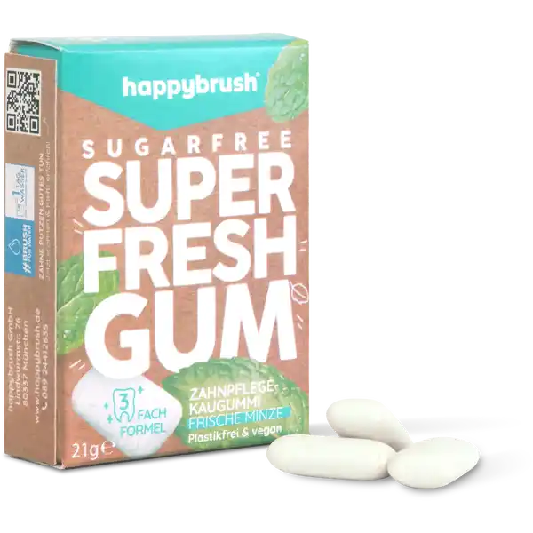 happybrush SuperFresh Gum Zahnpflege-Kaugummi: Цвет: Produktbeschreibung und details Nachhaltige Zahnpflege fr unterwegs Der SuperFresh ZahnpflegeKaugummi mit natrlichem MinzGeschmack sorgt fr einen FrischeKick  zuckerfrei und ohne Plastik Er hilft PlaqueSuren zu neutralisieren fr rundum gepflegte Zhne  auch unterwegs mit schtzendem Xylitol fach Formel neutralisiert Zuckersuren Verringerung Mundtrockenheit ohne knstliche Inhalts und zustzliche Farbstoffe plastikfrei vegan Lebensmittelunternehmer Name happybrush GmbH Adresse Lindwurmstrae   Mnchen wwwhappybrushde UrsprungslandHerkunftsort Trkei Rechtlich vorgeschriebene Produktbezeichnung Zuckerfreier Kaugummi fr gesunde Zhne Zutaten Sungsmittel Xylit Kaumasse Fllstoff Calciumcarbonat Aromen Stabilisator Gummi arabicum Feuchthaltemittel Glycerin Sungsmittel Enzymatisch hergestellte Steviolglycoside berzugsmittel Carnaubawachs Farbstoff Carotin Spirulina Konzentrat Nhrwerte Durchschnittliche Nhrwertangaben pro  g Energie  kj   kcal Fett  g davon  gesttigte Fettsuren  g Kohlenhydrate  g davon  Zucker  g  mehrwertige Alkohole  g Eiwei  g Salz  g Anwendung und Gebrauch Kaue mich mindestens  Minuten lang nach dem Essen oder Trinken Warnhinweise und wichtige Hinweise Warnhinweise Enthlt Sungsmittel Eine abwechslungsreiche und ausgewogene Ernhrung und eine gesunde Lebensweise sind wichtig
https://www.rossmann.de/de/gesundheit-happybrush-superfresh-gum-zahnpflege-kaugummi/p/4260486334211