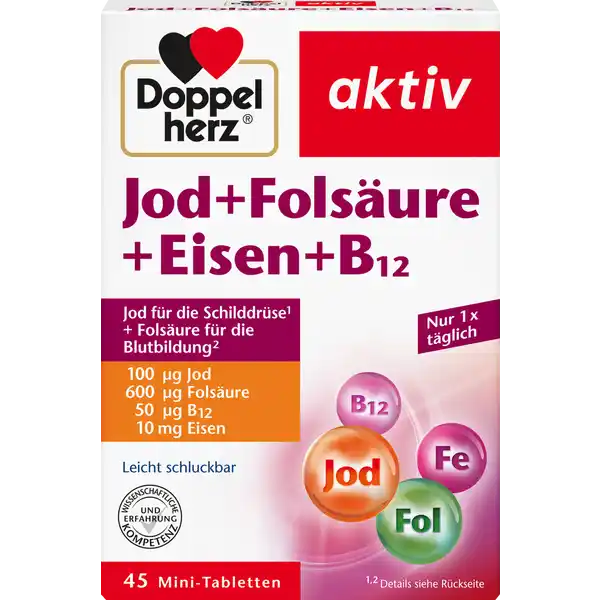 Doppelherz akiv Jod  Folsure  Eisen  B  MiniTabletten: Цвет: https://www.rossmann.de/de/gesundheit-doppelherz-akiv-jod--folsaeure--eisen--b12-45-mini-tabletten/p/4009932131253
Produktbeschreibung und details Fr Gesundheit Leistungsfhigkeit und Wohlbefinden ist eine ausreichende Versorgung mit Nhrstoffen unverzichtbar Dazu gehren auch Jod Folsure Eisen und Vitamin B Fr Frauen im gebrfhigen Alter Schwangere Stillende ltere Menschen und Personen die nur unregelmig folsurereiches Blattgemse jodhaltige Lebensmittel z B Fisch sowie eisen und Breiche tierische Lebensmittel z B Fleisch verzehren ist eine ausreichende Versorgung mit diesen Nhrstoffen besonders wichtig Jod ist ein lebenswichtiges Spurenelement welches zur normalen Funktion der Schilddrse beitrgt Bei Schwangeren ist die Jodversorgung wichtig da das ungeborene Kind durch sie mitversorgt werden kann Eisen ist ein lebenswichtiges Spurenelement das fr viele Funktionen im Krper eine Rolle spielt Eisen ist an der Bildung der roten Blutkrperchen dem Sauerstofftransport im Blut und dem normalen Energiestoffwechsel beteiligt Da der Krper Eisen nicht selbst bilden kann und tglich eine bestimmte Menge an Eisen verliert ist er auf eine ausreichende Zufuhr mit der Nahrung angewiesen In bestimmten Situationen ist der Bedarf an Eisen zudem erhht und eine ausreichende Versorgung ber die Nahrung nicht immer gegeben Eine betont pflanzliche oder unausgewogene Ernhrung kann eisenarm sein oder Bestandteile enthalten z B schwarzer Tee Kaffee die die Eisenaufnahme stren Folsure hat eine besondere Funktion im Rahmen der normalen Zellteilung Von daher sollten sowohl Frauen mit Kinderwunsch als auch Schwangere auf eine ausreichende Versorgung mit Folsure im Rahmen der Ernhrung achten Vitamin B und Folsure spielen eine Rolle bei der normalen Blutbildung und tragen zur Verringerung von Mdigkeit und Erschpfung bei Lebensmittel pflanzlicher Herkunft enthalten normalerweise geringe Mengen an Vitamin B Daher sollten Personen die wenig oder gar keine tierischen Lebensmittel essen besonders auf die Vitamin B Zufuhr achten leicht schluckbar lactose und glutenfrei Lebensmittelunternehmer Name Queisser Pharma GmbH ampamp Co KG Adresse Schleswiger Str  D Flensburg wwwdoppelherzde UrsprungslandHerkunftsort Deutschland Rechtlich vorgeschriebene Produktbezeichnung Tabletten mit Jod Eisen Folsure Vitamin B Nahrungsergnzungsmittel Zutaten Fllstoff Dicalciumphosphat Fllstoff mikrokristalline Cellulose Eisenfumarat berzugsmittel Hydroxypropylmethylcellulose Trennmittel Siliciumdioxid Trennmittel Magnesiumsalze der Speisefettsuren Trennmittel Speisefettsuren Trennmittel Talkum Farbstoff Eisenoxide und Eisenhydroxide Pteroylmonoglutaminsure Kaliumiodid Cyanocobalamin Nhrwerte Durchschnittliche Nhrwertangaben pro  Portion  Tablette Tagesdosis Referenzwert Nhrstoffbezugswerte gem EUVerordnung  NRV Eisen  mg   Jod  g   Folsure  g   Vitamin B  g   Anwendung und Gebrauch Tglich  Tablette mit etwas Flssigkeit unzerkaut einnehmen Gebrauch Aufbewahrung und Verwendung Aufbewahrungs und Verwendungsbedingungen Trocken und nicht ber  C lagern Fr kleine Kinder unzugnglich aufbewahren Warnhinweise und wichtige Hinweise Warnhinweise Die angegebene empfohlene tgliche Verzehrsmenge darf nicht berschritten werden Nahrungsergnzungsmittel sind kein Ersatz fr eine ausgewogene und abwechslungsreiche Ernhrung und eine gesunde Lebensweise Fr Kinder und Jugendliche nicht geeignet Nicht einnehmen bei Eisenspeicherkrankheit und Eisenverwertungsstrungen