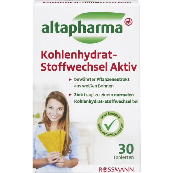 altapharma Kohlenhydrat-Stoffwechsel Aktiv: Цвет: https://www.rossmann.de/de/gesundheit-altapharma-kohlenhydrat-stoffwechsel-aktiv/p/4305615950297
Produktbeschreibung und details Obwohl Kohlenhydrate ein wichtiger EnergieLieferant fr den Krper und Teil einer ausgewogenen Ernhrung sind speichert der Krper bei einer zu kohlenhydratreichen Kost die aus der Nahrung gewonnene Energie in Form von Krperfett ein Die Aufnahme und der Stoffwechsel von Kohlenhydraten spielen daher auch beim Gewichtsmanagement eine Rolle Altapharma KohlenhydratStoffwechsel Aktiv Tabletten enthalten Zink welches den normalen Kohlenhydratstoffwechsel untersttzt Zudem trgt Zink zum Stoffwechsel von Fett und Eiwei bei und hat damit eine wichtige Bedeutung bei den unterschiedlichen Stoffwechselprozessen im Krper Neben Zink enthlt altapharma KohlenhydratStoffwechsel Aktiv einen gentechnikfreien natrlichen Glykoproteinkomplex aus weien Bohnen Dieser bewhrte Extrakt ist zu   pflanzlich und wissenschaftlich erprobt Altapharma KohlenhydratStoffwechsel Aktiv kann begleitend bei einer Dit zum allgemeinen Wophlbefinden bei bewhrter Pflanzenextrake aus weien Bohnen Zink trgt zu einem normalen KohlenhydratStoffwechsel bei Kontaktdaten Dirk Rossmann GmbH Isernhgener Strae   Burgwedel wwwrossmannde UrsprungslandHerkunftsort Zinkoxid aus der EU Testurteile Qualittssiegel ampamp Verbandszeichen Zutaten Fllstoff mikrokristalline Cellulose Bohnensamenextrakt Trennmittel Siliciumdioxid und Magnesiumsalze der Speisefettsuren Zinkoxid Nhrwerte Durchschnittliche Nhrwertangaben pro  Portion pro  g  Tablette Energie  kj   kcal  kj   kcal Fett amplt  g  g davon  gesttigte Fettsuren amplt  g  g Kohlenhydrate amplt  g  g davon  Zucker amplt  g amplt  g Eiwei amplt  g  g Salz amplt  g  g Anwendung und Gebrauch  Tabletten vor den Mahlzeiten mit ausreichend Flssigkeit einnehmen Die empfohlene tgliche Verzehrmenge darf nicht berschritten werden Damit der Tagesbedarf an Kohlenhydraten und Kalorien gedeckt wird drfen maximal  Tabletten pro Tag eingenommen werden Gebrauch Aufbewahrung und Verwendung Aufbewahrungs und Verwendungsbedingungen Auerhalb der Reichweite von kleinen Kindern aufbewahren Unter  C trocken und vor Licht geschtzt aufbewahren Warnhinweise und wichtige Hinweise Warnhinweise Nahrungsergnzungsmittel sollten nicht als Ersatz fr eine abwechslungsreiche und ausgewogene Ernhrung sowie eine gesunde Lebensweise dienen Die empfohlene tgliche Verzehrmenge darf nicht berschritten werden Kinder Jugendliche Schwangere und Stillende sowie Personen mit Untergewicht BMI amplt  sollten das Produkt nicht verzehren Die Einnahme von altapharma Kohlenhydrat Stoffwechsel Aktiv kann anfangs zu Blhungen fhren Aufgrund der geringen Kohlenhydratzufuhr wird Diabetikern und Personen mit sonstigen relevanten Erkrankungen empfohlen vor der Einnahme ihren Arzt zu Rate ziehen