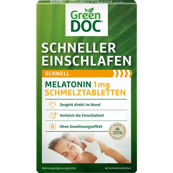 GreenDoc Schneller Einschlafen Schnell Melatonin 1 mg Schmelztabletten: Цвет: https://www.rossmann.de/de/gesundheit-greendoc-schneller-einschlafen-schnell-melatonin-1-mg-schmelztabletten/p/4036581583027
Produktbeschreibung und details Der krpereigene Botenstoff Melatonin ist der Grund dafr dass wir abends mde werden Die natrliche Melatonin Ausschttung kann jedoch durch verschiedenste Faktoren wie z B Stress hormonelle Vernderungen Jetlag oder Schichtarbeit gestrt werden  ein unregelmiger SchlafWachRhythmus mit Problemen beim Einschlafen oder vorzeitigem Erwachen ist die Folge GreenDoc  Schneller Einschlafen Melatonin  mg Schmelztabletten helfen durch das enthaltene Melatonin die Einschlafzeit zu verkrzen Die Schmelztabletten mit frischem Minzgeschmack zergehen direkt im Mund Sie sind besonders gut vertrglich und es stellt sich auch bei regelmiger Einnahme kein Gewhnungseffekt ein Die praktische Darreichungsform ermglicht die Einnahme ohne Wasser GreenDoc  Schneller Einschlafen Melatonin  mg Schmelztabletten sind somit die idealen Begleiter fr eine erholsame Nacht GreenDoc  ist spezialisiert auf mentale Gesundheit sowie Leistungsfhigkeit und ein Experte in diesem Bereich Mit den innovativen Gesundheitsprodukten mchten sie Betroffenen in den Bereichen Entspannung Schlaf Stimmung und Konzentration helfen Bei der Entwicklung der Produkte achten sie auf eine gute Vertrglichkeit und verzichten auf kritische Zusatzstoffe zergeht im Mund verkrzt die Einschlafzeit ohne Gewhnungseffekt Lebensmittelunternehmer Name Districon GmbH Adresse BessieColemanStrae  D Frankfurt wwwgreendocde UrsprungslandHerkunftsort Deutschland Rechtlich vorgeschriebene Produktbezeichnung Nahrungsergnzungsmittel Zutaten Fllstoff Mannit Strke Verdickungsmittel vernetzte Carboxymethylcellulose Aroma Melatonin   Trennmittel Magnesiumsalze der Speisefettsuren Trennmittel Siliciumdioxid Anwendung und Gebrauch  Tablette kurz vor dem Schlafengehen im Mund zergehen lassen Kann bei bermigem Verzehr abfhrend wirken Gebrauch Aufbewahrung und Verwendung Aufbewahrungs und Verwendungsbedingungen Auerhalb der Reichweite von kleinen Kindern aufbewahren Unter  C trocken und vor Licht geschtzt aufbewahren Warnhinweise und wichtige Hinweise Warnhinweise Nahrungsergnzungsmittel sollten nicht als Ersatz fr eine abwechslungsreiche und ausgewogene Ernhrung sowie eine gesunde Lebensweise dienen Die empfohlene tgliche Verzehrmenge darf nicht berschritten werden Eine Anwendung bei Kindern und eine Einnahme ber einen lngeren Zeitraum bzw Daueranwendung wird nicht empfohlen