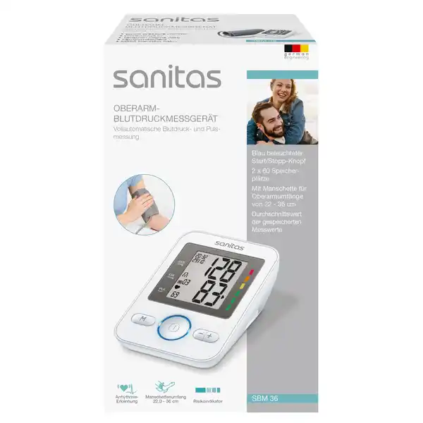 Sanitas Sanitas Oberarmblutdruckmessgert SBM: Цвет: https://www.rossmann.de/de/gesundheit-sanitas-sanitas-oberarmblutdruckmessgeraet-sbm-36/p/4211125656348
Produktbeschreibung und details Kontrollieren Sie Ihren Puls und Blutdruck direkt am Oberarm Gesteuert wird das Sanitas Oberarmblutdruckmessgert ber einen blau beleuchteten StartStoppKnopf Es zeigt Datum und Uhrzeit und bietet x  Speicherpltze fr Ihre Daten Dokumentiert werden Durchschnittswerte aller gespeicherten Messwerte sowie Morgen und Abendblutdruck der letzten  Tage Orientierungshilfe gibt der WHOIndikator Einstufung der Messergebnisse gem WHORichtlinien Die Manschettengre des Blutdruckmessgertes ist auf Oberarmumfnge von  cm abgestimmt Blutdruckpass Batterien und Aufbewahrungstasche gehren zum Lieferumfang Die energiesparende Abschaltautomatik schont die Batterien WHO  World Health Organisation Weltgesundheitsorganisation inkl Blutdruckpass Batterien und Aufbewahrungstasche vollautomatische Blutdruck und Pulsmessung am Oberarm Manschettengre fr Oberarmumfnge von  cm Datum und Uhrzeit x  Speicherpltze einfach zu bedienender Touchscreen blau beleuchteter StartStoppKnopf Durchschnittswert aller gespeicherten Messwerte und Morgen und Abendblutdruck der letzten  Tage Abschaltautomatik mit WHOIndikator Einstufung der Messergebnisse gem den WHORichtlinien WHO  World Health Organisation Weltgesundheitsorganisation Hinweise zur Elektrogerte und Batterieentsorgung Hinweise zur Entsorgung von Elektrogerten und Batterien httpswwwrossmanndedeserviceundhilfeelektrogesetzbatteriegesetz