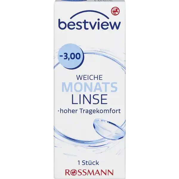 BestView weiche Monatslinse -3.00: Цвет: https://www.rossmann.de/de/gesundheit-bestview-weiche-monatslinse--300/p/4719879669770
Produktbeschreibung und details Durch das besonders weiche und sauerstoffdurchlssige Material der Monatslinse wird kaum Eingewhnungszeit bentigt Sie wurde fr den tglichen Gebrauch entwickelt und dient zum monatlichen Austausch Die Kanten der Monatslinse wurden speziell fr einen hohen Tragekomfort entwickelt Dadurch bleibt die Sehschrfe auch an den Rndern der Linse optimal hoher Tragekomfort  Stck Kontaktdaten Dirk Rossmann GmbH Isernhgener Strae   Burgwedel wwwrossmannde Gebrauch Aufbewahrung und Verwendung Aufbewahrungs und Verwendungsbedingungen Empfohlene Lagerung bei Raumtemperatur Inhaltsstoffe  sterile weiche getnte Kontaktlinse  Methafilcon A  HO in gepufferter Kochsalzlsung Warnhinweise und wichtige Hinweise Warnhinweise Nicht verwenden bei beschdigter Linsenverpackung Gehen Sie mit Ihren Linsen bitte regelmig zu einer augenrztlichen Kontrolle Folgen Sie den Anweisungen Ihres Kontaktlinsenanpassers auch bezglich der tglichen Tragedauer Die Tragedauer von  Wochen nicht berschreiten Schlafen Sie nicht mit eingesetzter Linse Bitte beachten Sie die beiliegende Gebrauchsinformation