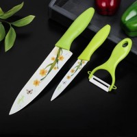 Набор кухонный Доляна «Нарцисс», 3 предмета: 2 ножа с антиналипающим покрытием, лезвие 12 см, овощечистка, 20?4 см, цвет зелёный: 