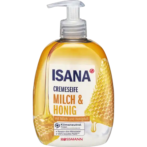 ISANA Cremeseife Milch & Honig: Цвет: Produktbeschreibung und details Die ISANA Cremeseife Mich ampamp Honig mit ausgesuchten Waschsubstanzen und einem natrlichen hautverwandten Pflegelipid schtzt und pflegt Ihre Haut beim Hndewaschen Der enthaltene SoftpflegeKomplex hlt Ihre Hnde zart und geschmeidig whrend der cremige Duft die Sinne verwhnt mit Milch ampamp Honigduft Hautvertrglichkeit dermatologisch besttigt pHhautneutral diese Rezeptur ist zu   ohne Mikroplastik hergestellt aus   recyceltem Plastik  siehe wwwrossmanndemikroplastik  Flaschenmaterial ohne Spender und Folie Weiterfhrende Informationen zum Thema Klimaneutralitt finden Sie unter rossmanndeklimaneutral und unter climatepartnercom Kontaktdaten Dirk Rossmann GmbH Isernhgener Strae   Burgwedel wwwrossmannde Testurteile Qualittssiegel ampamp Verbandszeichen Inhaltsstoffe Aqua Sodium Laureth Sulfate Cocamidopropyl Betaine Sodium Chloride Glycol Distearate CocoGlucoside Glyceryl Oleate Parfum Mel Sine Adipe Lac Laureth Sodium Lactate Glycerin Formic Acid Tocopherol Hydrogenated Vegetable Glycerides Citrate Citric Acid Sodium Benzoate Potassium Sorbate Hexyl Cinnamal CI  CI  CI
https://www.rossmann.de/de/pflege-und-duft-isana-cremeseife-milch-und-honig/p/4305615610351