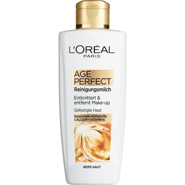 LOral Paris Age Perfect Reinigungsmilch: Цвет: Produktbeschreibung und details Die Reinigungsmilch fr reife Haut reinigt und entfernt MakeUp schonend Die strkende Formel mit Calcium und Vitamin E festigt die Haut sodass diese straffer wirkt und vor dem Austrocknen geschtzt ist Die Age Perfect Reinigungsmilch fr reife Haut reinigt und entfernt MakeUp schonend Die strkende Formel angereichert mit Calcium und Vitamin E festigt die Haut sodass diese straffer wirkt und vor dem Austrocknen geschtzt ist Die LOral Paris Age Perfect Reinigungsprodukte sind speziell auf die Bedrfnisse reifer Haut zugeschnitten Sie befreien die Haut nicht nur von Verschmutzungen sondern versorgen sie auch mit essenziellen Wirkstoffen Dies bereitet die Haut optimal auf die anschlieende Pflege vor Kontaktdaten LORAL Deutschland GmbH  Geschftsbereich LOral Paris Johannstrae   Dsseldorf wwwlorealparisde UrsprungslandHerkunftsort Deutschland Anwendung und Gebrauch Morgens mit Hilfe eines Wattepads auf das Gesicht auftragen Inhaltsstoffe AQUA  WATER  ISOPROPYL MYRISTATE  GLYCERIN  PENTAERYTHRITYL TETRAISOSTEARATE  GLYCERYL STEARATE SE  CETEARYL ALCOHOL  POLYGLYCERYL METHYLGLUCOSE DISTEARATE  CALCIUM PANTETHEINE SULFONATE  MAGNESIUM GLUCONATE  PENTAERYTHRITYL TETRADITBUTYL HYDROXYHYDROCINNAMATE  SODIUM HYDROXIDE  ASCORBYL GLUCOSIDE  TOCOPHEROL  BUTYROSPERMUM PARKII BUTTER  SHEA BUTTER  CAPRYLYL GLYCOL  CARBOMER  CITRIC ACID  DISODIUM COCOAMPHODIACETATE  SODIUM STEAROYL GLUTAMATE  BENZYL ALCOHOL  CITRONELLOL  GERANIOL  LIMONENE  LINALOOL  PHENOXYETHANOL  SALICYLIC ACID  PARFUM  FRAGRANCE FIL B Da LOral regelmig neue wissenschaftliche Erkenntnisse in die Produktformulierung einflieen lsst knnen von einer Referenz verschiedene Versionen mit unterschiedlichen Zusammensetzungen im Umlauf sein Zur berprfung der Zusammensetzung eines bestimmten Einzelproduktes ist daher stets die auf dem Produkt angebrachte Inhaltsstoffliste zu konsultieren Warnhinweise und wichtige Hinweise Warnhinweise Augenkontakt vermeiden
https://www.rossmann.de/de/pflege-und-duft-loreal-paris-age-perfect-reinigungsmilch/p/3600523814060