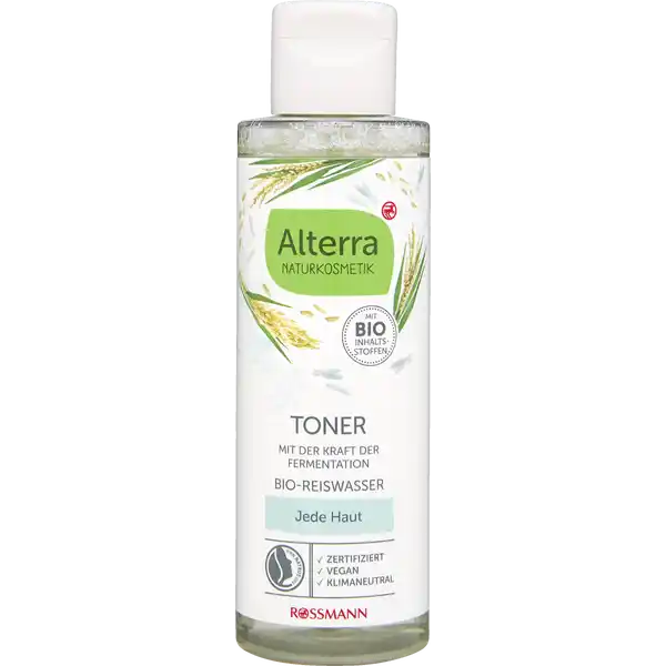 Alterra NATURKOSMETIK Toner Bio-Reiswasser: Цвет: Produktbeschreibung und details KLEINES KORN GROSSE WIRKUNG Die milde und beruhigende Formel ohne Alkohol mit fermentiertem BioReiswasser und einem BioExtrakt aus weiem Tee erfrischt die Haut und verleiht ein seidig weiches Hautgefhl  eine ideale Vorbereitung auf die nachfolgende Pflege DIE KRAFT DER FERMENTATION Dank des natrlichen Prozesses der Fermentation wird die Wirksamkeit der Inhaltsstoffe intensiviert fr jede Haut geeignet mit der Kraft der Fermentation vegan Weiterfhrende Informationen zum Thema Klimaneutralitt finden Sie unter rossmanndeklimaneutral und unter climatepartnercom Kontaktdaten Dirk Rossmann GmbH Isernhgener Strae   Burgwedel wwwrossmannde UrsprungslandHerkunftsort Hergestellt in der EU Testurteile Qualittssiegel ampamp Verbandszeichen Anwendung und Gebrauch Morgens und abends auf ein Wattepad geben und sanft ber Gesicht und Hals streichen dabei die empfindliche Augenpartie aussparen Inhaltsstoffe AQUA GLYCERIN VITIS VINIFERA FRUIT WATER PENTYLENE GLYCOL COCOYL PROLINE HEPTYL GLUCOSIDE SODIUM BENZOATE POTASSIUM SORBATE ORYZA SATIVA EXTRACT PARFUM SACCHAROMYCES FERMENT LYSATE FILTRATE CITRIC ACID LINALOOL HEPTANOL CITRONELLOL CAMELLIA SINENSIS LEAF EXTRACT FROM CERTIFIED ORGANIC AGRICULTURE FROM NATURAL ESSENTIAL OILS
https://www.rossmann.de/de/pflege-und-duft-alterra-naturkosmetik-toner-bio-reiswasser/p/4305615914688