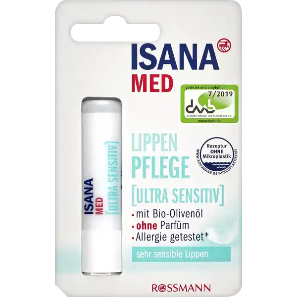 ISANA MED Lippenpflege ultra sensitiv: Цвет: Produktbeschreibung und details Der ISANA MED Lippenbalsam Ultra Sensitiv wurde speziell fr die Bedrfnisse trockener und rissiger Lippen entwickelt Die hochwertige Komposition mit BioJojobal BioOlivenl sowie BioBienenwachs versorgt empindliche Lippen mit wertvoller Plege fr sehr sensible Lippen mit BioOlivenl ohne Parfm Allergie getestet Rezeptur ohne Mikroplastik Allergie getestet  in dermatologischen Tests wurde die Hautvertrglichkeit auf sehr empindlicher zu Allergien neigender Haut getestet und besttigt Kontaktdaten Dirk Rossmann GmbH Isernhgener Strae   Burgwedel wwwrossmannde Testurteile Qualittssiegel ampamp Verbandszeichen Inhaltsstoffe Ricinus Communis Seed Oil Euphorbia Cerifera Cera Cera Alba Copernicia Cerifera Cera Butyrospermum Parkii Butter Polyglyceryl Polyricinoleate Simmondsia Chinensis Seed Oil Olea Europaea Fruit Oil Tocopherol Helianthus Annuus Seed Oil  ingredients from certified organic agriculture  from natural essential oils
https://www.rossmann.de/de/pflege-und-duft-isana-med-lippenpflege-ultra-sensitiv/p/4305615629018