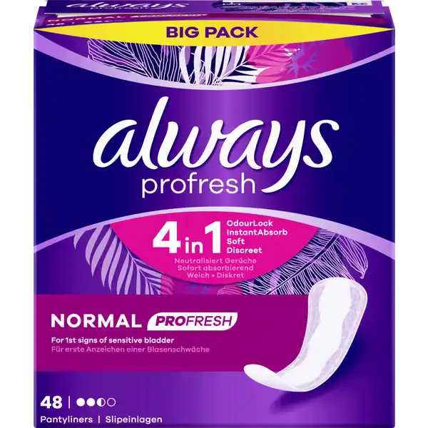 Always Normal Profresh Slipeinlagen Big Pack: Цвет: Produktbeschreibung und details Always Profresh Normal Slipeinlagen sind die besten Slipeinlagen von Always fr extra Schutz Sie sind auch bei leichter Blasenschwche geeignet und verfgen ber eine geruchsneutralisierende Technologie damit Sie immer ein frisches Gefhl haben fr erste Anzeichen einer Blasenschwche neutralisiert Gerche sofort absorbierend weich ampamp diskret Kontaktdaten Procter ampamp Gamble Service GmbH D Schwalbach wwwalwaysde Testurteile Qualittssiegel ampamp Verbandszeichen
https://www.rossmann.de/de/pflege-und-duft-always-normal-profresh-slipeinlagen-big-pack/p/8006540221389