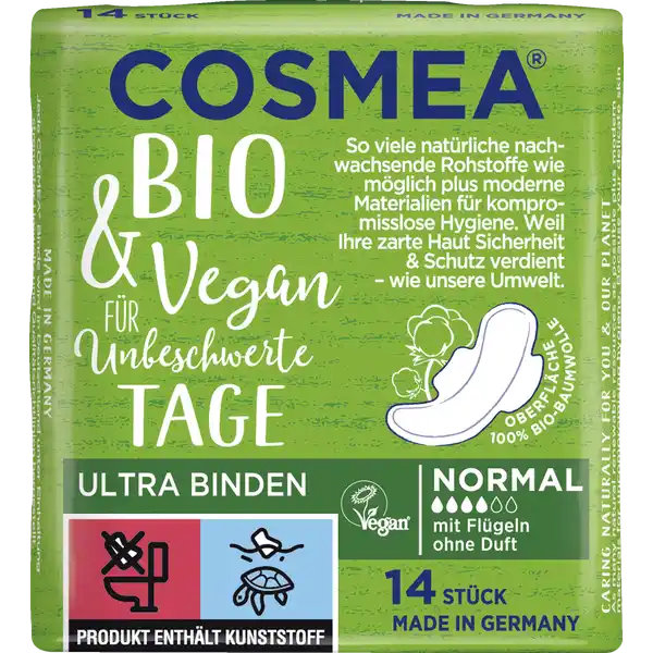 Cosmea Bio Ultra Binden Normal mit Flgeln ohne Duft: Цвет: Produktbeschreibung und details Unsere COSMEA BioUltraBinden Normal mit Flgeln werden mit einer Oberflche aus  BioBaumwolle hergestellt Sie sind so dnn dass sie kaum zu spren sind  und zugleich super sicher Der Wscheschutz ist aus hauchdnner Biofolie und bietet bis zu  Auslaufschutz Oberflche aus  zertifizierter Baumwolle mit Flgeln fr besonders sicheren Sitz AntiGeruchPerlen schlieen Flssigkeiten und Gerche ein  nachwachsende Rohstoffe rundum sicher durch zuverlssigen Seitenauslaufschutz und Wscheschutz aus Biofolie optimaler Halt leichtes Entfernen dermatologisch mit sehr gut ausgezeichnet gem The Vegan Society ohne Tierversuche und tierische Bestandteile Kontaktdaten W Pelz GmbH ampamp Co KG D Wahlstedt wwwcosmeade Testurteile Qualittssiegel ampamp Verbandszeichen Warnhinweise und wichtige Hinweise Warnhinweise Beutel von Kindern fernhalten und nicht ber den Kopf ziehen  Erstickungsgefahr
https://www.rossmann.de/de/pflege-und-duft-cosmea-bio-ultra-binden-normal-mit-fluegeln-ohne-duft/p/4000576041595