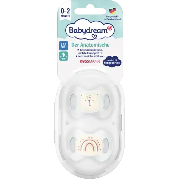 Babydream Beruhigungssauger anatomisch Silikon 0-2 Monate: Цвет: Produktbeschreibung und details Die Lftungsschlitze ermglichen das Zirkulieren der Luft damit sich ihr Baby noch wohler fhlt Der Speziell an den Gaumen angepasste Sauger untersttzt die natrliche Kieferentwicklung ihres Babys Die anatomisch geformte und extra leichte Mundplatte ist optimal fr das zarte Gesicht ihres Babys geeignet  Monate speziell fr Neugeborene besonders kleine leichte Mundplatte Silikon ohne Ring frei von BisphenolA BPA dieser Artikel entspricht der EN  laut EU Verordnung Kontaktdaten Dirk Rossmann GmbH Isernhgener Strae   Burgwedel wwwrossmannde   UrsprungslandHerkunftsort Deutschland Testurteile Qualittssiegel ampamp Verbandszeichen
https://www.rossmann.de/de/baby-und-spielzeug-babydream-beruhigungssauger-anatomisch-silikon-0-2-monate/p/4305615835877