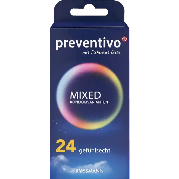 preventivo Mixed Kondomvarianten gefhlsecht: Цвет: Produktbeschreibung und details  Kondome aus NaturkautschukLatex mit Feuchtfilm und Reservoir  extra dnne feelings  extra feuchte moments  gefhlsechte sensitive alle glatt zylindrisch transparent  rote mit Erdbeeraroma  gelbe mit Bananenaroma  blaue mit TuttiRutti Aroma jeweils glatt zylindrisch nominale Breite  mm Lnge  mm  gerippte ampamp genoppte sensation transparent kontuiert nominale Breite  mm Lnge  mm leichtes abrollen einzeln elektronisch geprft dermatologisch getestet vegan Kontaktdaten Dirk Rossmann GmbH Isernhgener Strae   Burgwedel wwwrossmannde Testurteile Qualittssiegel ampamp Verbandszeichen Anwendung und Gebrauch Bitte lesen Sie fr die sichere Anwendung die Gebrauchsanweisung Gebrauch Aufbewahrung und Verwendung Aufbewahrungs und Verwendungsbedingungen Khl und trocken lagern vor direkter Sonneneinstrahlung schtzen Inhaltsstoffe NaturkautschukLatex Warnhinweise und wichtige Hinweise Warnhinweise preventivo Mixed Kondome sind Medizinprodukte zur Empfngnisverhtung und zum lokalen Schutz vor sexueller bertragung von Infektionen Keine Verhtungsmethode kann einen hundertprozentigen Schutz vor Schwangerschaft HIV oder Infektionserkrankungen garantieren Kondome bieten nur bei vaginalem Geschlechtsverkehr besten Schutz Nie mit l oder fetthaltigen Gleitmitteln verwenden Jedes Kondom nur einmal verwenden
https://www.rossmann.de/de/gesundheit-preventivo-mixed-kondomvarianten-gefuehlsecht/p/4305615918433