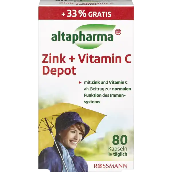 altapharma Zink + Vitamin C Depot Kapseln: Цвет: https://www.rossmann.de/de/gesundheit-altapharma-zink--vitamin-c-depot-kapseln/p/4305615999890
Produktbeschreibung und details Als Vitamin gehrt Vitamin C zu den essentiellen Stoffen d h der Krper kann es nicht selber herstellen und es muss ber die Nahrung aufgenommen werden Vitamin C trgt zu einer normalen Funktion des Immunsystems sowie zu einem Schutz der Zellen vor oxidativem Stress bei Daneben spielt es eine Rolle im normalen Energiestoffwechsel Zink ist ein sogenanntes Spurenelement und bernimmt im Krper vielfltige Aufgaben So trgt Zink beispielsweise zu einem normalen Stoffwechselder Makronhrstoffe bei und hat eine Funktion bei der Zellteilung Neben Vitamin C kann es die Funktion des normalen Immunsystems untersttzenund einen Beitrag zum Schutz der Zellen vor oxidativem Stress leisten Zustzlich trgt es zu einer normalen kognitiven Funktion bei In den altapharma ZinkVitamin C Depot Kapseln knnen die beiden Stoffe in dieser Kombination den Organismus bis zu acht Stunden mit Vitamin C und Zink versorgen Lebensmittelunternehmer Name Dirk Rossmann GmbH Adresse Isernhgener Strae   Burgwedel wwwrossmannde UrsprungslandHerkunftsort Hergestellt in Deutschland Vitamin C Und Zink aus NichtEU Testurteile Qualittssiegel ampamp Verbandszeichen Rechtlich vorgeschriebene Produktbezeichnung Nahrungsergnzungsmittel mit Zink und Vitamin C Zutaten LAscorbinsure Zucker Gelatine Fllstoff mikrokristalline Cellulose Maisstrke Zinksulfat berzugmittel Schellack Trennmittel Talkum frbendes Lebensmittel Saflor Nhrwerte Durchschnittliche Nhrwertangaben pro  Portion pro  g Energie  kj   kcal  kj   kcal Fett amplt  g amplt  g davon  gesttigte Fettsuren  g amplt  g Kohlenhydrate amplt  g  g davon  Zucker amplt  g  g Eiwei amplt  g  g Salz amplt  g amplt  g NRV Zink  mg   Vitamin C  mg   Nhrwertbeschreibung gem Lebensmittelinformationsverordnung Anwendung und Gebrauch  Kapsel tglich unzerkaut mit etwas Flssigkeit am besten nchtern  Stunden vor einer Mahlzeit verzehren Gebrauch Aufbewahrung und Verwendung Aufbewahrungs und Verwendungsbedingungen Khl trocken und vor Licht geschtzt aufbewahren Warnhinweise und wichtige Hinweise Warnhinweise Bitte auerhalb der Reichweitevon kleinen Kindern aufbewahren Die empfohlene Verzehrmengedarf nicht berschritten werden Auf die Einnahme weiterer zinkhaltiger Nahrungsergnzungsmittelist zu verzichten Nahrungsergnzungsmittelsind kein Ersatz fr eine ausgewogene und abwechslungsreiche Ernhrung sowie eine gesunde Lebensweise Nicht fr Kinder und Jugendliche unter  Jahren geeignet